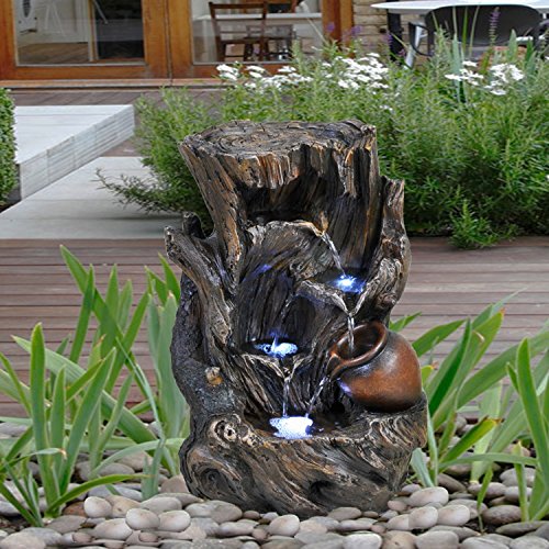 GEEZY Garden Water Feature LED Fountain Indoor/Outdoor Cascading Freestanding Polyresin Garden Statue Lights & Water Decoration (Tree Log Fountain)