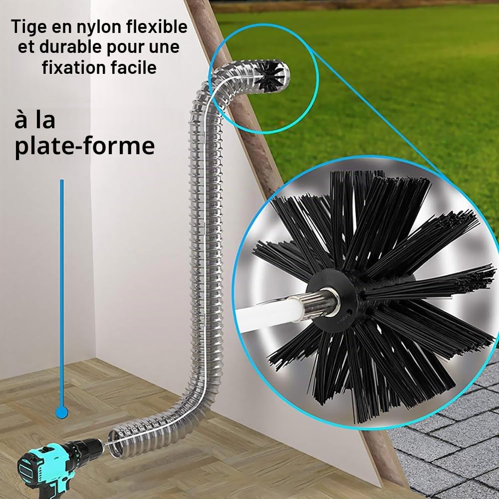 Hérisson ramonage, 17 pièces de Nettoyage de conduits daération | Avec 12 tiges de 41 cm, 3 têtes de Brosse de 10cm/15cm/20cm, a Tige hexagonale de 4,5 cm, a Brosse à Manche en Bois de 38 cm