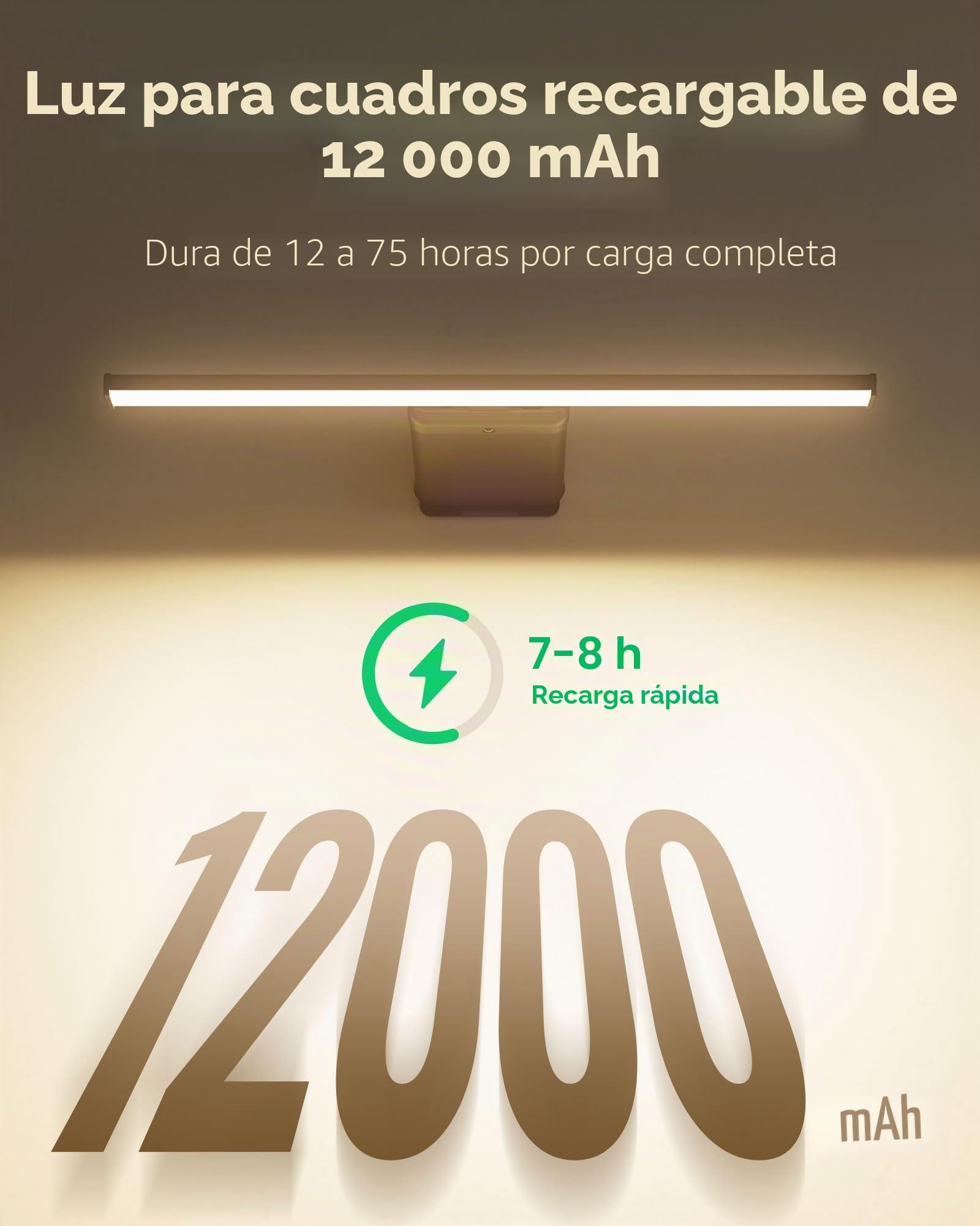 Iluminación de imagen inalámbrica, batería de 12000 mAh, lámpara de imágenes recargable con mando a distancia, lámpara de pared LED regulable para interiores para cuadros y pinturas, 3 temperaturas de