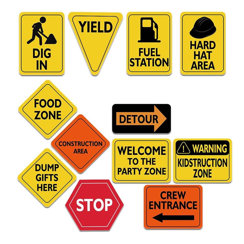 Nenluny 12pcs Construction Party Signs Traffic Zone Birthday Traffic Sign Cutouts for Boys Kids Birthday Party Construction Theme Party Decoration Supplies