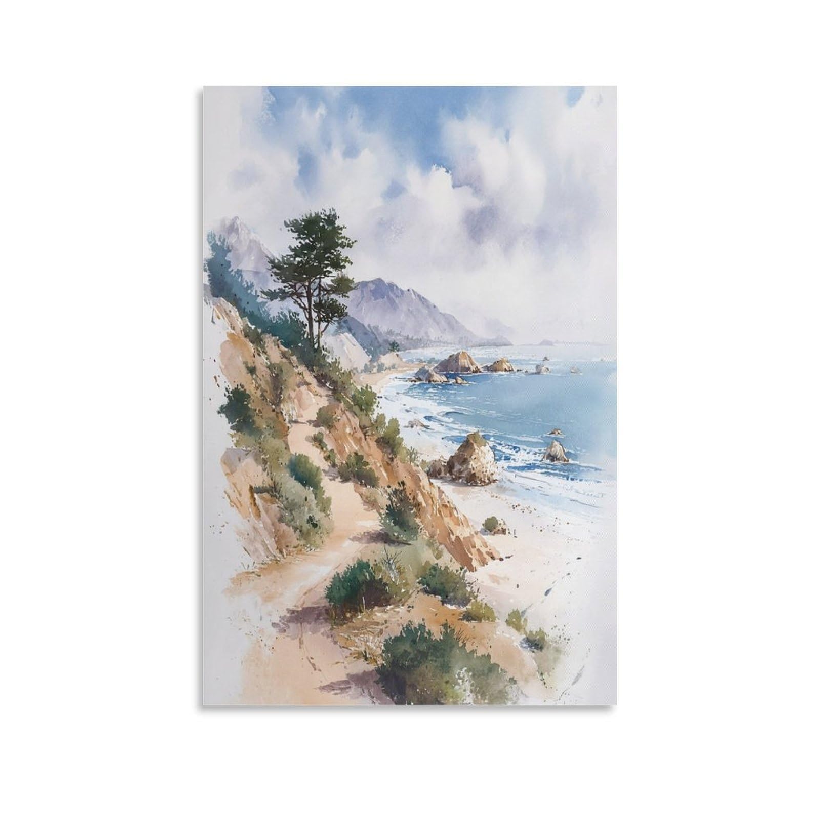XWYMXZ Pebble Beach Coastal 24x36inch(60x90cm) Vintage Travel Poster Watercolor Canvas Art