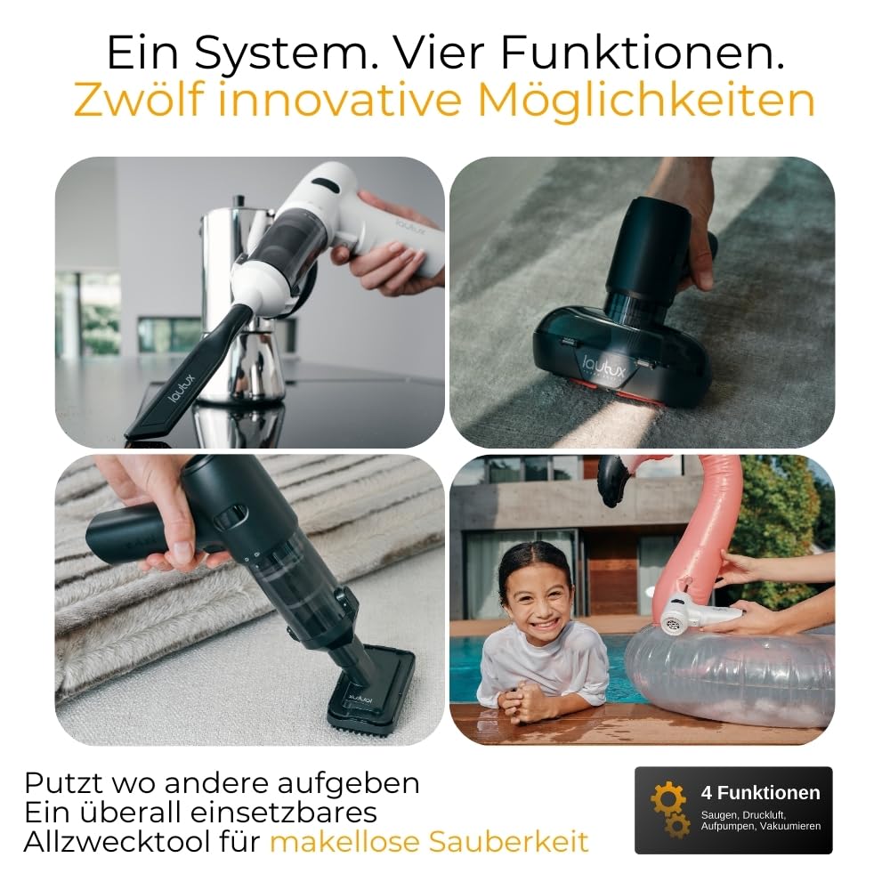 Turbotastic Pro 2 Handstaubsauger – 120W, 18.000Pa, bis 60 Min Laufzeit, HEPA-Filter, LED-Display, 4-in-1 Düsen (Auto, Tierhaare, Polster, Aufpumpen, Vakuumieren) (Nachtschwarz, Starter Set)