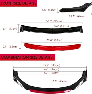 x xotic tech Front Bumper Lip Chin Spoiler+ 2M Side Skirt Winglets Diffusers+ Adjustable 10"-13" Support Rod Universal Fit Most Vehicles, Carbon Fiber w/Red