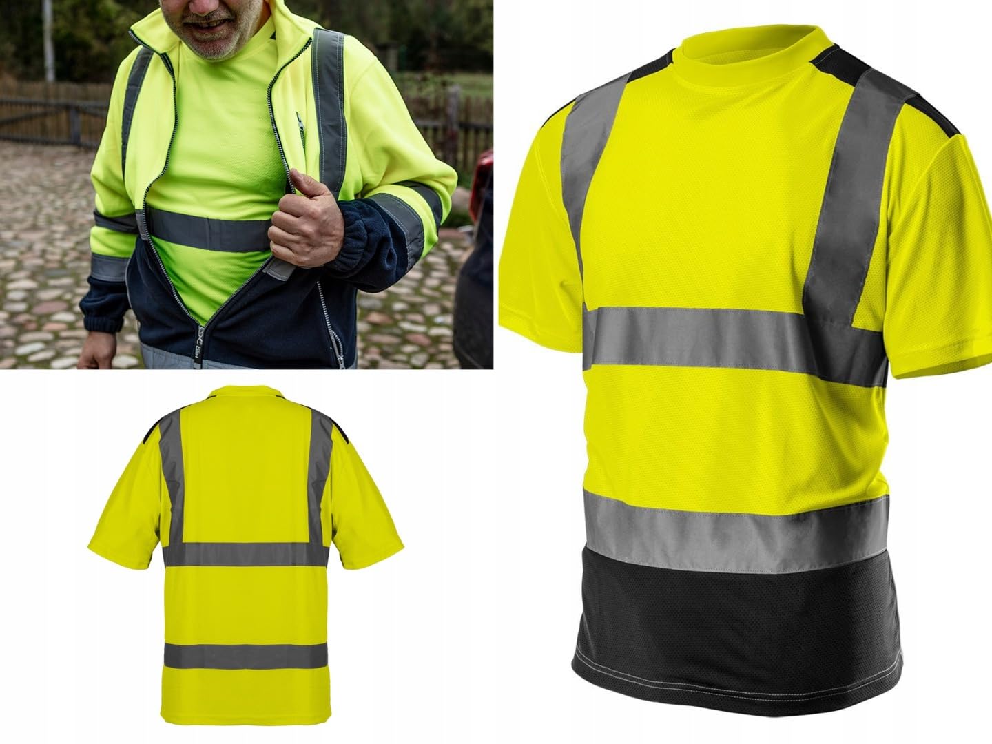 NEO TOOLS Szorty ostrzegawcze męskie rozm. S-XXL (żółty/pomarańczowy) | lub zestaw z koszulką i czapką | strefy odblaskowe, wysoka widoczność, kieszenie wielofunkcyjne