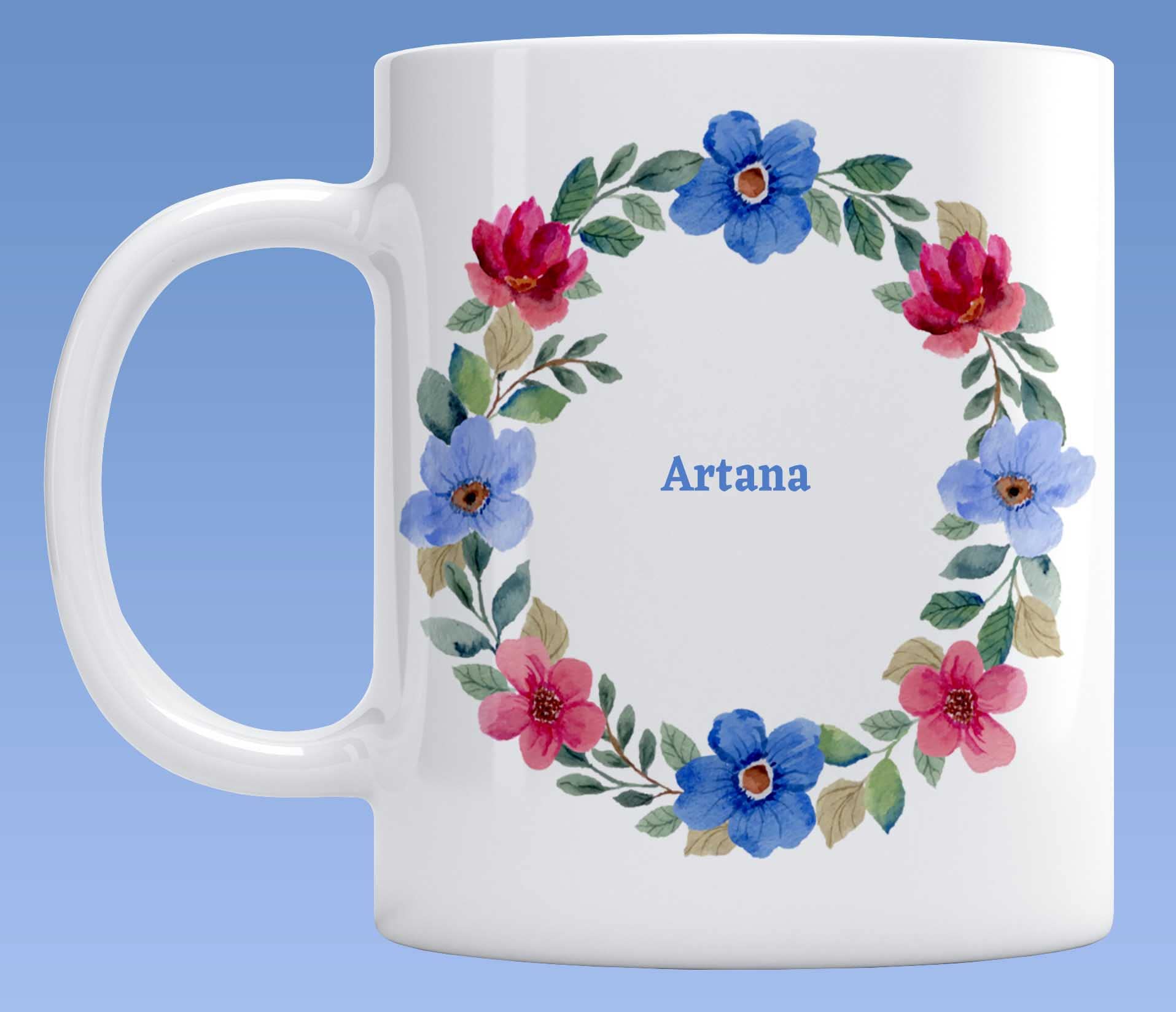 LOROFY Name Artana Printed Beautiful Blue & Pink Floral Design White Ceramic Coffee Mug (350ML)
