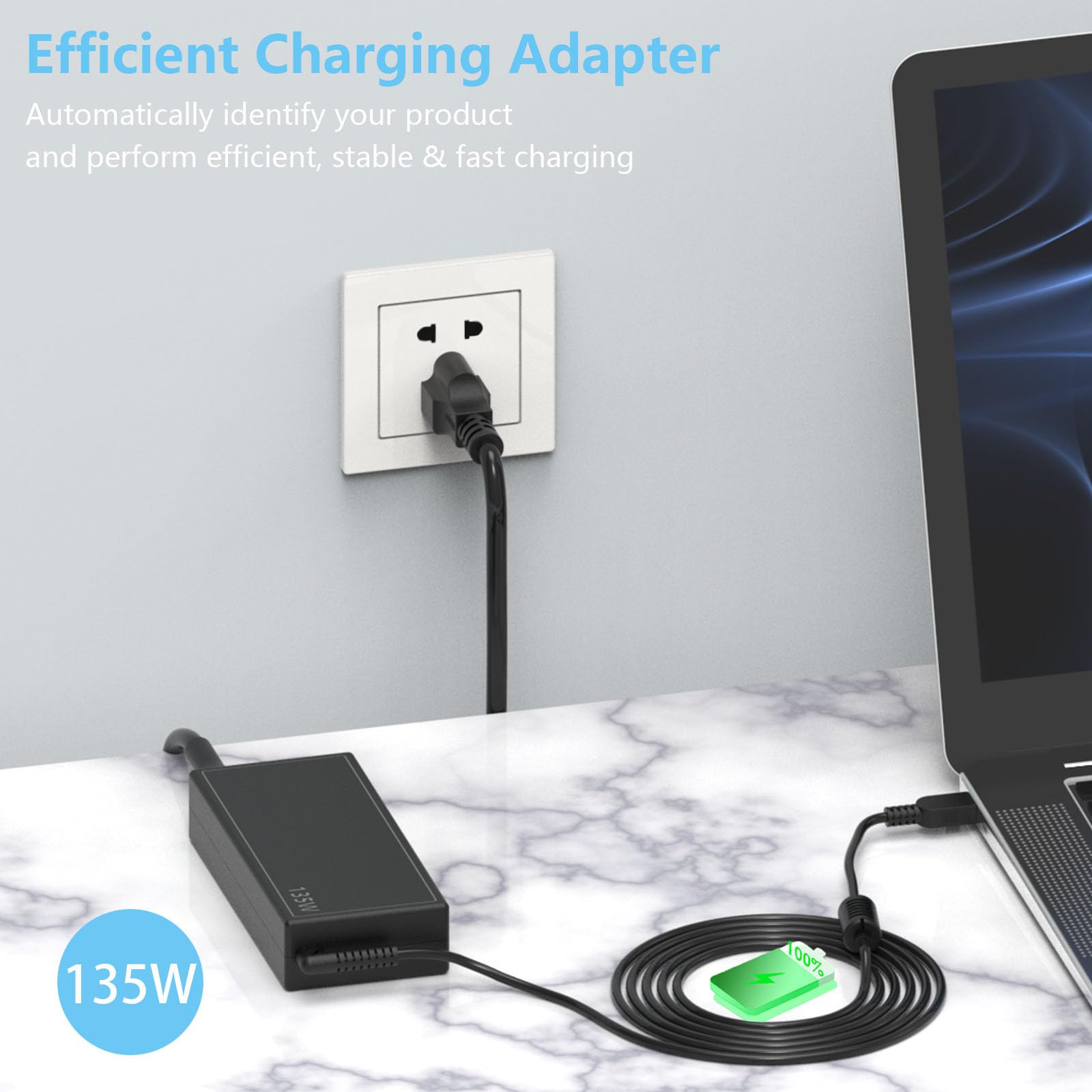 135W USB-C Laptop Charger For Lenovo – Compatible With E440, L440, P50s, P51s, P15v, T431s, T15, W540 & More (20V 6.75A, AC Adapter)