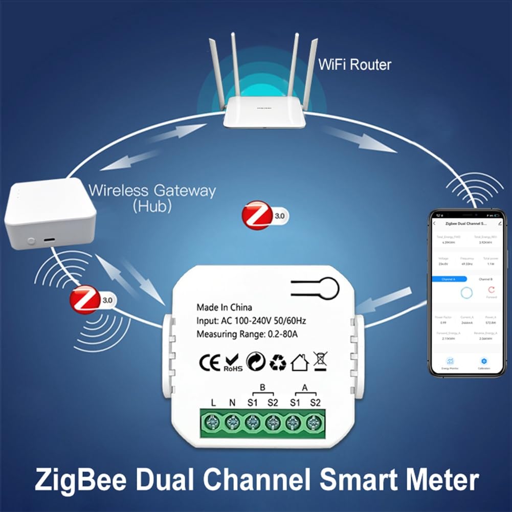 medidor de energía Tuya ZigBee 2 vías bidireccional con pinza sensor de corriente App Monitor potencia 100-240VAC, 1 canal 1CT fácil de usar