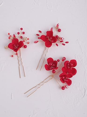 Miniatura 4 de Accesorio para el pelo de novia, peine de flores rojas con diamantes de imitación y perlas para mujeres, novia, graduación, fiesta, noche
