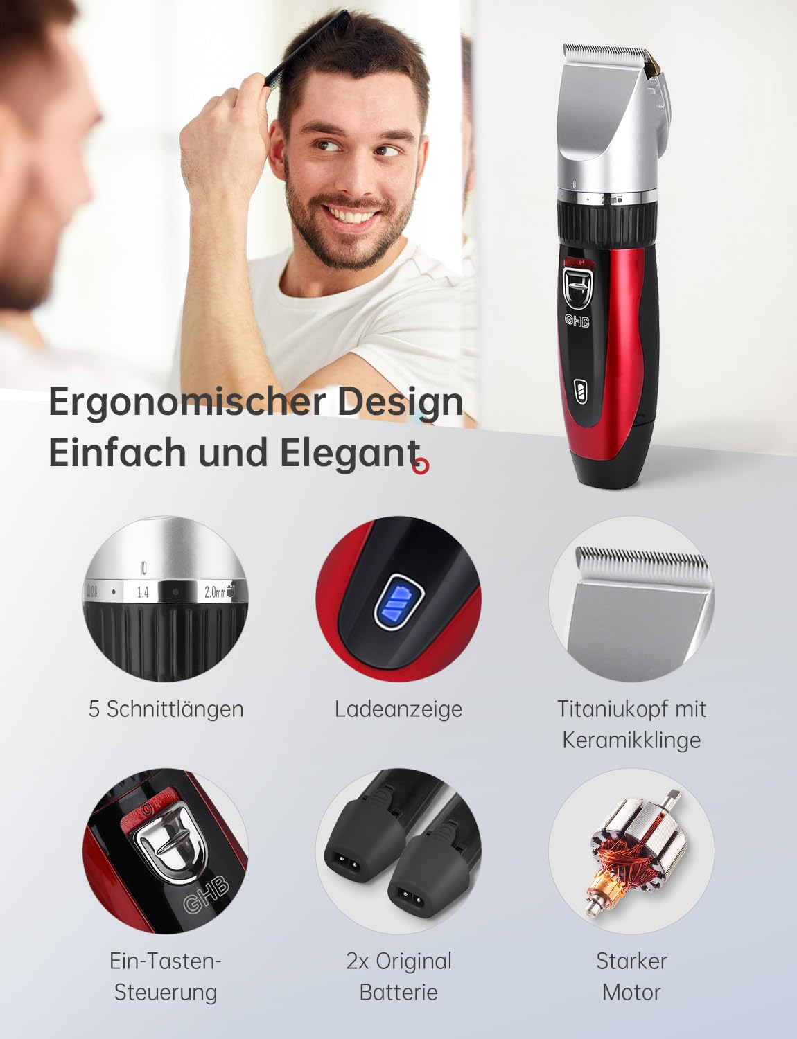 GHB Haarschneidemaschine Akku Haarschneider Herren 2 Lithium Akkus 14 Teiliges für Männer Kinder Salon Home Friseur