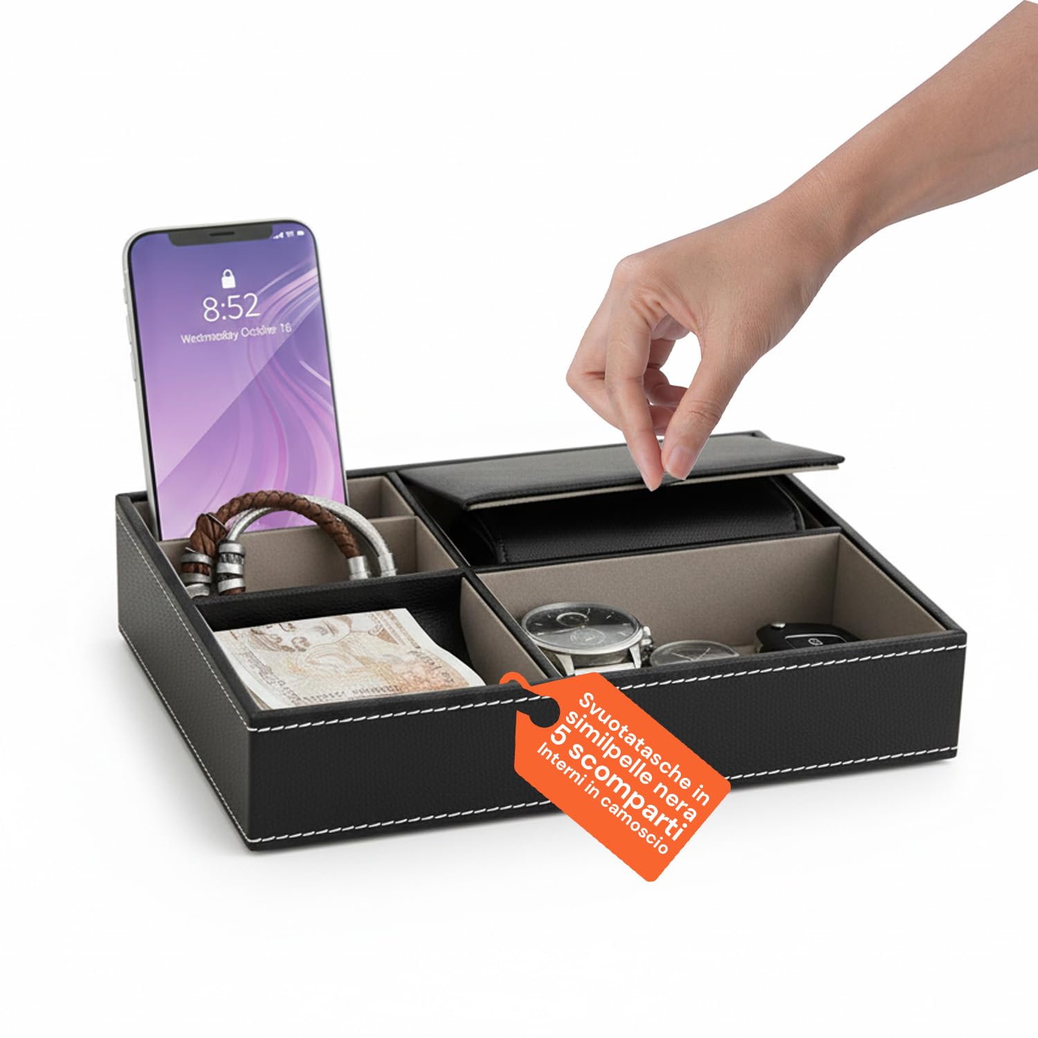 Avilia – Svuotatasche in Similpelle Nera con 5 Scomparti, Organizer da Tavolo Multifunzionale per Camera, Ingresso e Ufficio, Vassoio Portaoggetti Elegante Design Moderno e Interno in Camoscio