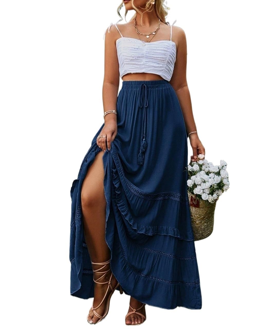 Womens Casual Mid Waist Tiered Layer Ruffle Hem Split Thigh Long Skirt Trendy Stylish Skirts