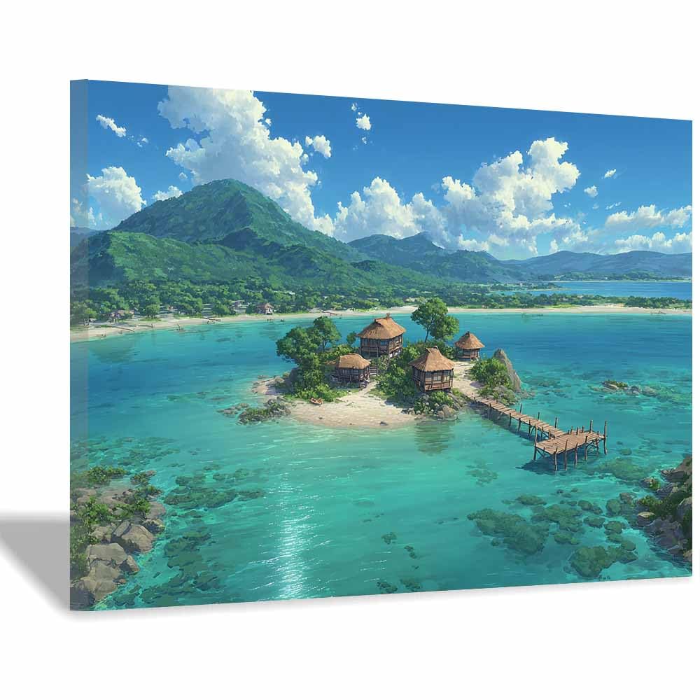HOQIU Beautiful wall art Anime Island Cove canvas artwork for wall, art prints, For living room, bedroom, bathroom, dining room, painting and decor.(Multicolor)-60x80cm Framed