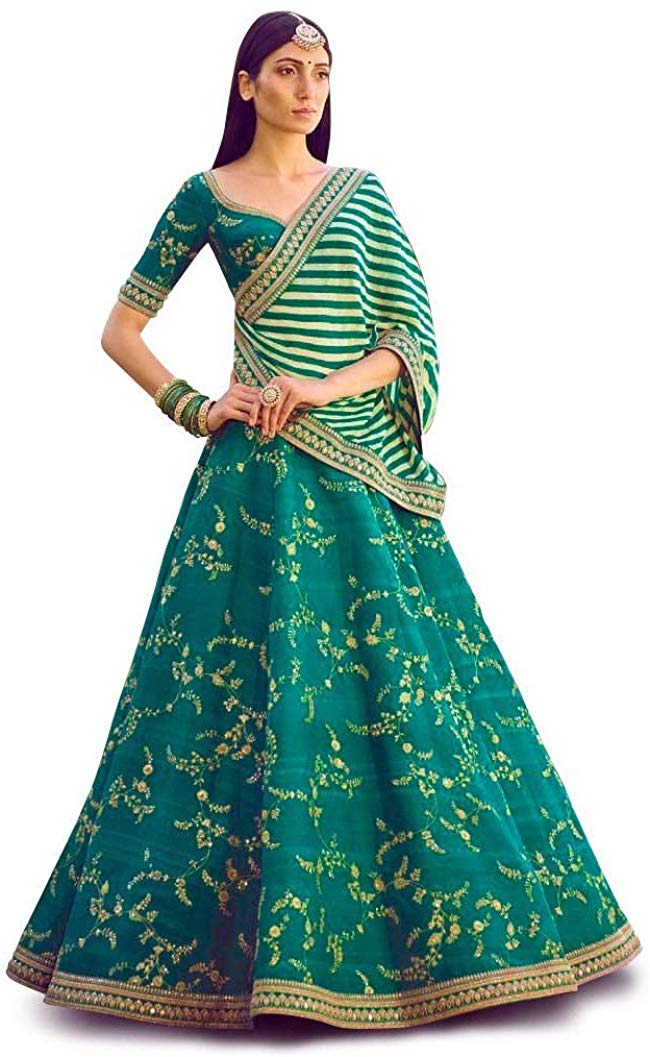 DREAM EXPORTER Green Designer lehenga choli for women Indian wedding bridal lengha choli latest Bollywood trending Heavy embroidery work lehnga choli dupatta, traditional party wear lengha sari.