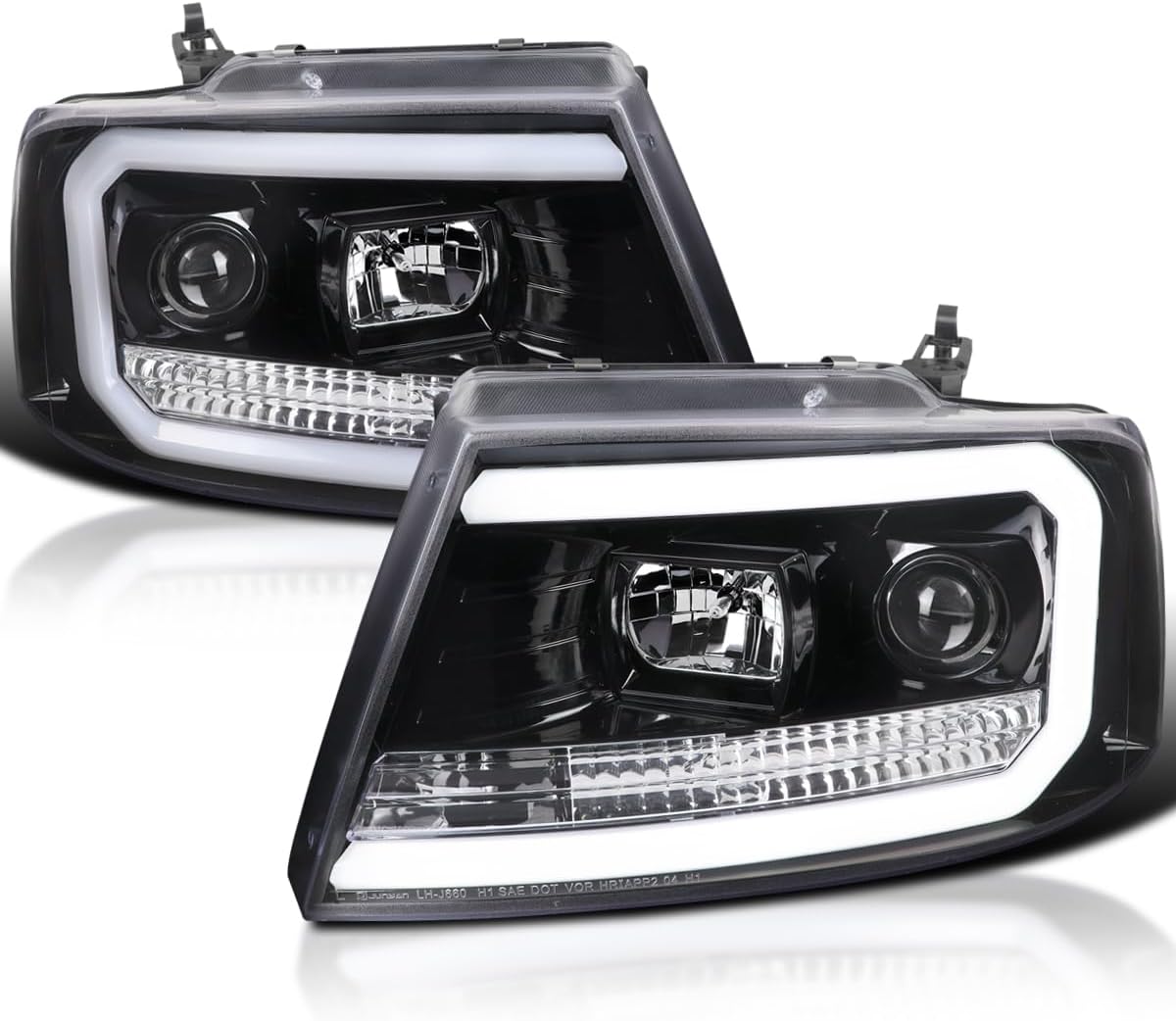 SPEC-D TUNING Jet Black LED Tube Projector Headlights Compatible with 2004-2008 Ford F-150, 2006-2008 Lincoln Mark LT, Left + Right Pair Headlamps Assembly
