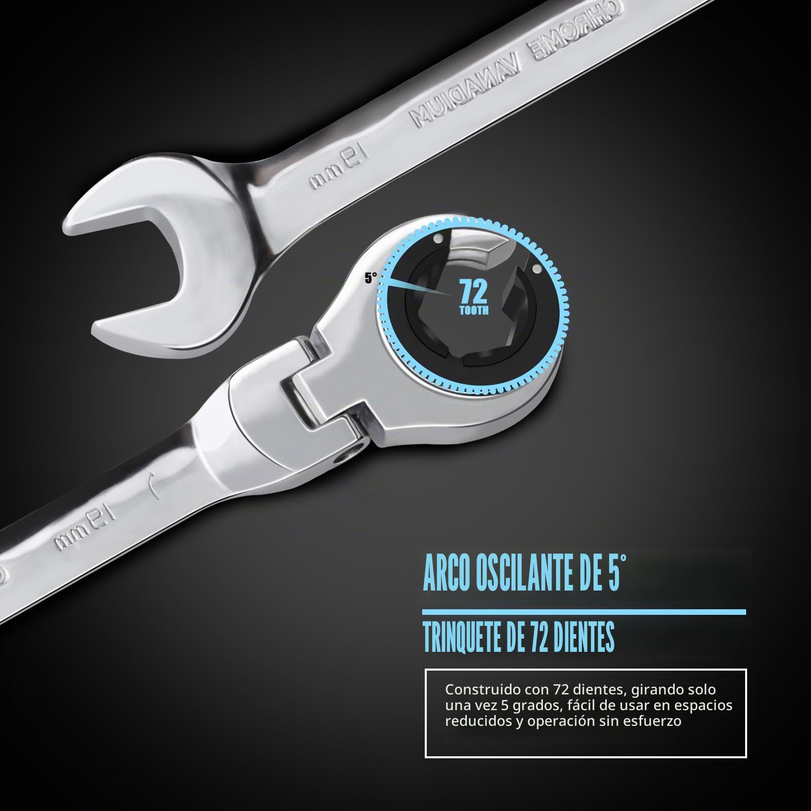 LOSCHEN Llave de carraca métrica, 12 piezas, 8-19 mm, llave métrica con 72 dientes, carraca de acero al cromo vanadio