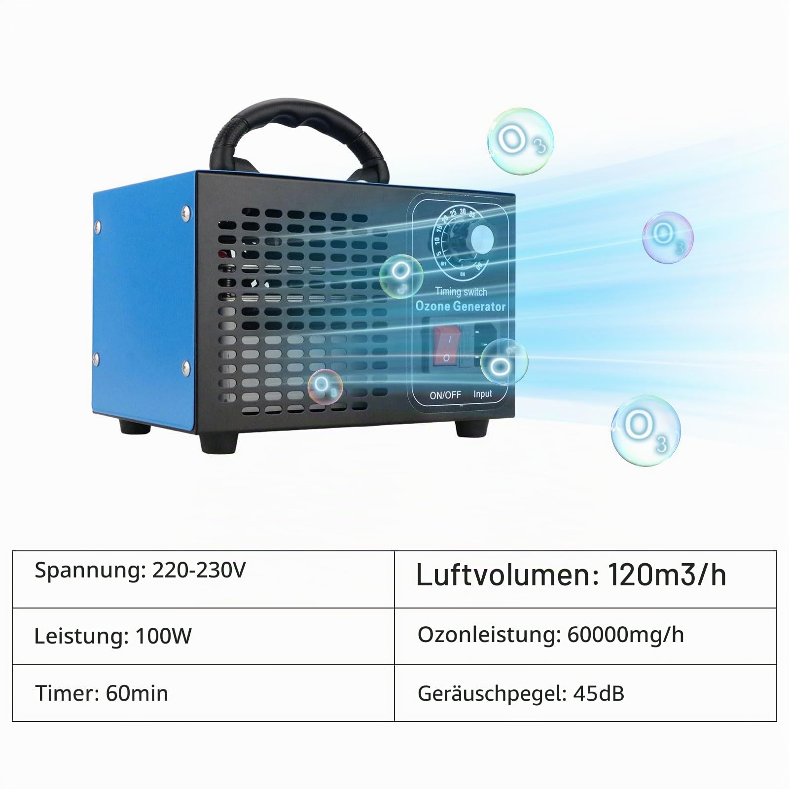 Anesty Ozongenerator 60000 mg/h Ozongerät mit Timer, 100W 60g/h Ozon Luftreiniger O3 Ozonisator zur Geruchsbeseitigung im Auto, Haushalt, Keller, Wohnung, Haustier- und Küchengerüche