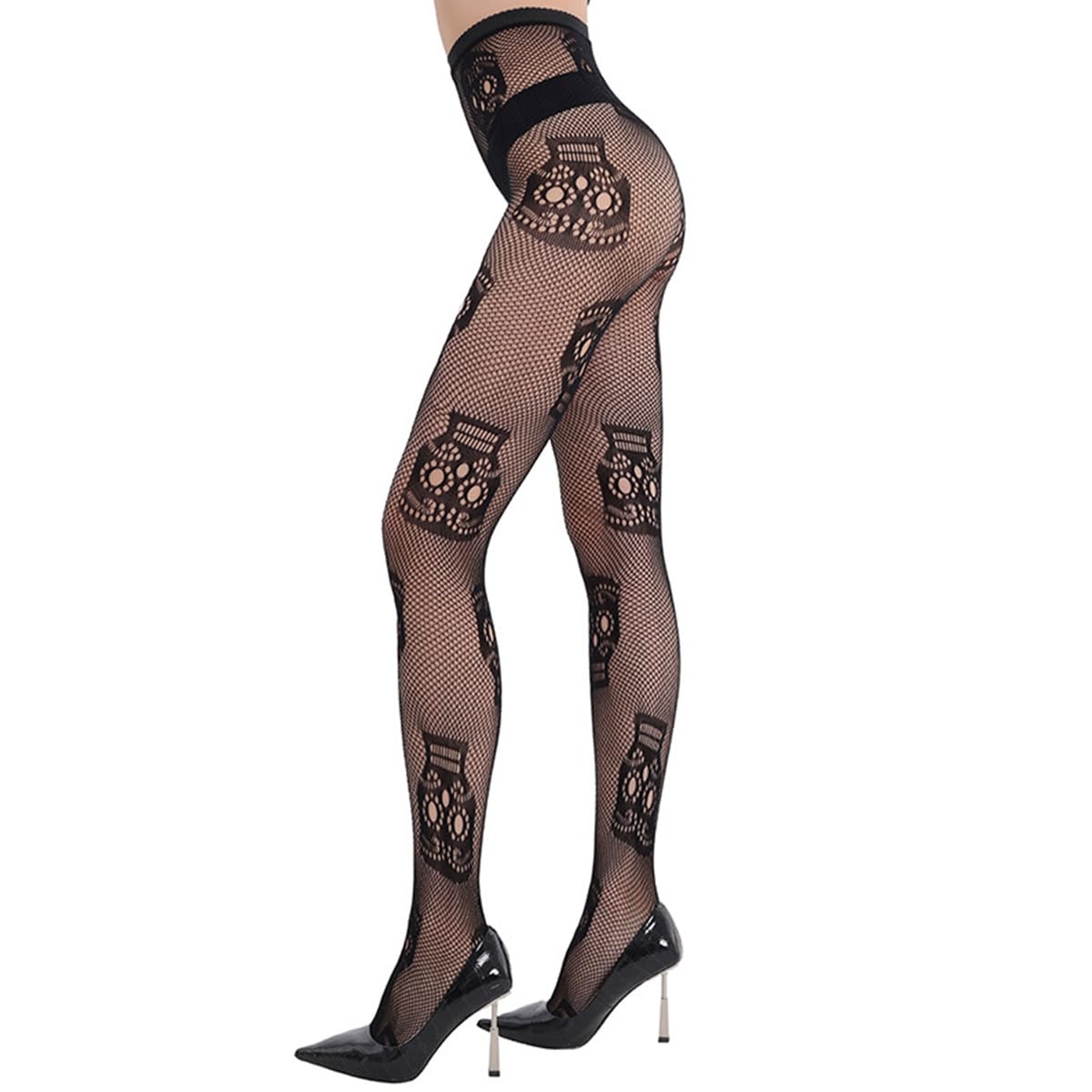 DRESHOW 6 Pack Fishnet Garter Belt Stocking Suspender Pantyhose Tights Thigh High Pantyhose: One Size 1 Pair: Large Skull