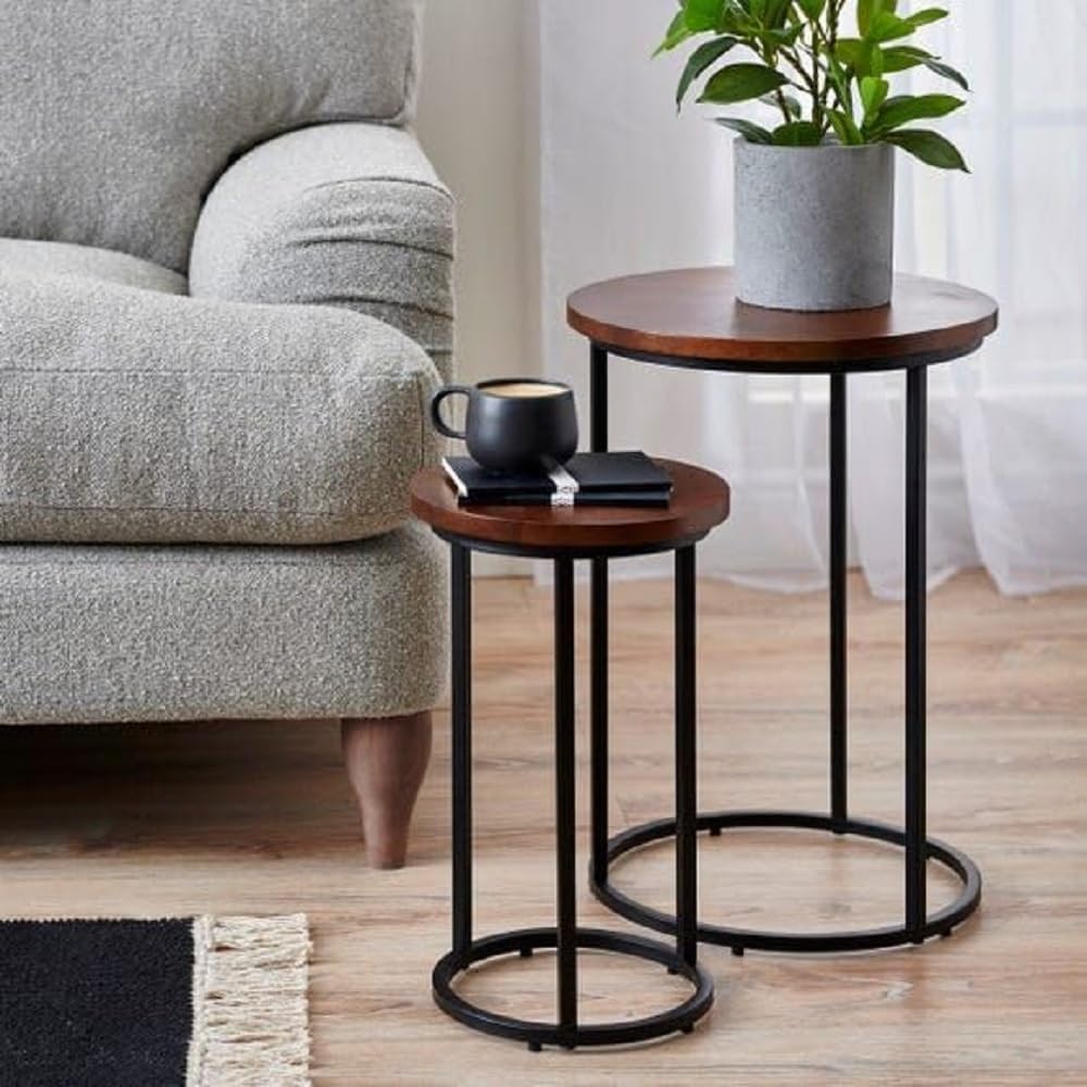 Brown Arts Shoppee Round Nesting Tables Simple Modern Small Round Table MDF Top Metal Table Living Room Sofa Set of 2 (Brown Black)-image-21