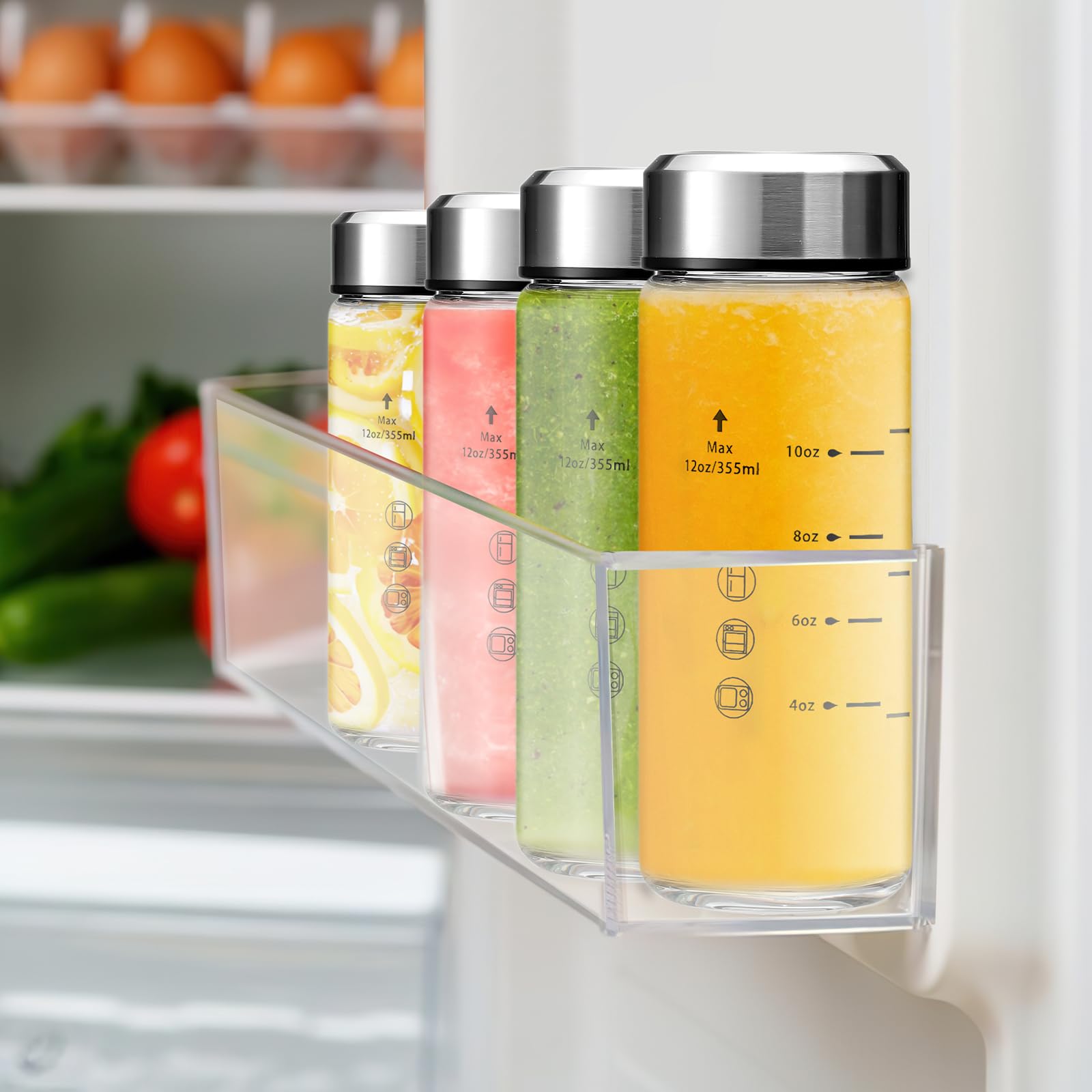 Szklane butelki na sok o pojemności 350 ml, 6 sztuk, szklane butelki z pokrywkami, bez BPA, pokrywki ze stali nierdzewnej do wyciskania soku, smoothie, podawanej wody, przechowywania napojów,