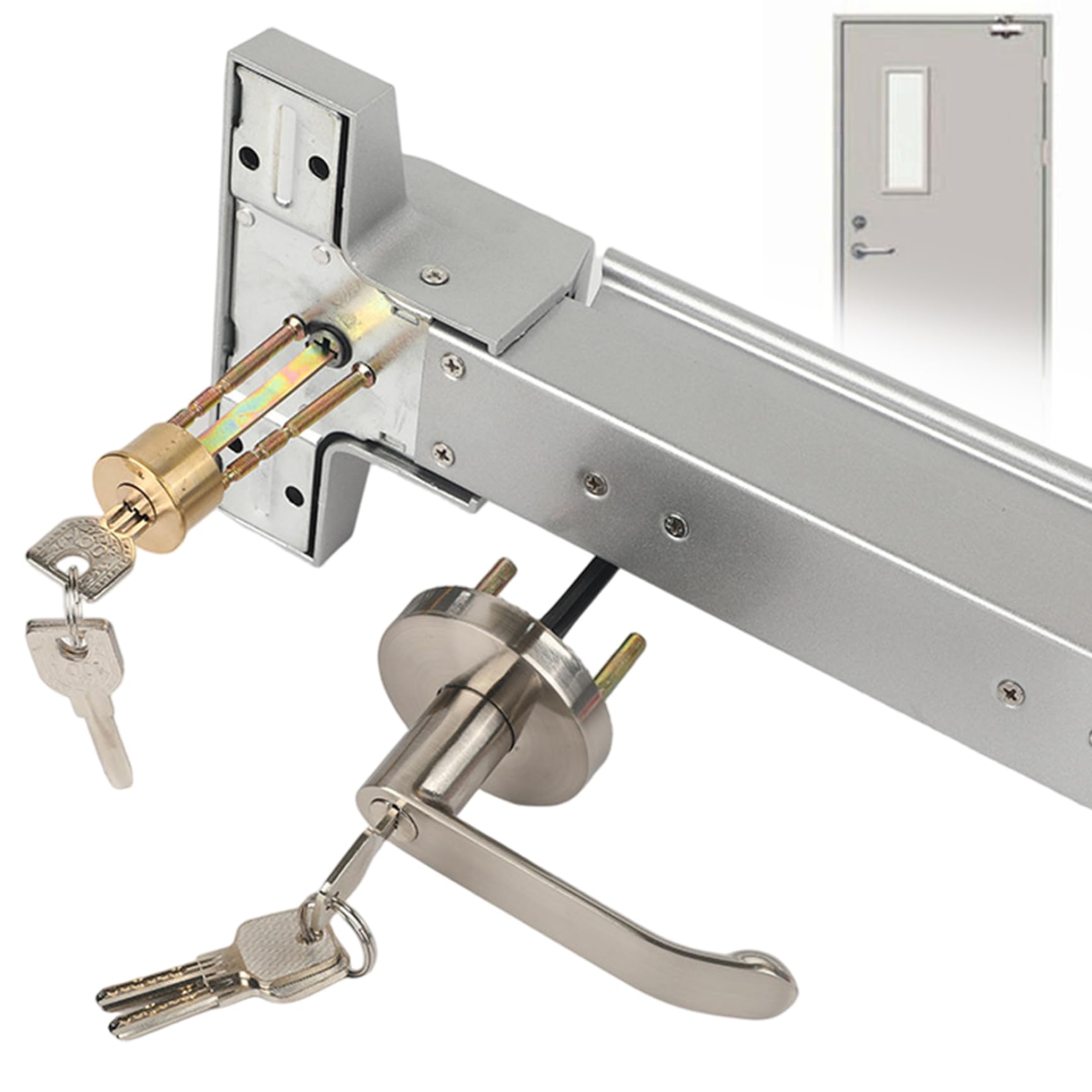 Barre anti-panique pour porte de sortie en bois ou métal avec cylindre serrure 25 pouces et clés