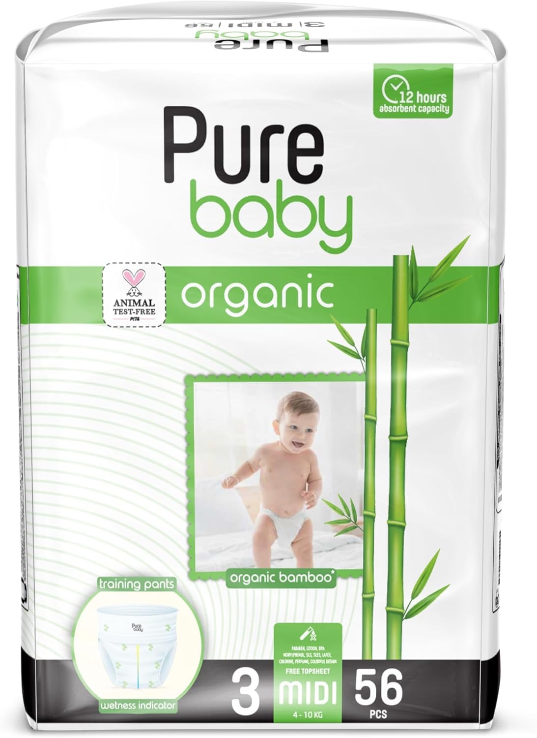 – Baby Pant Style Diapers with Organic Bamboo Core Size 3, 4 to 6 kg, Superior Absorption, 56 pieces