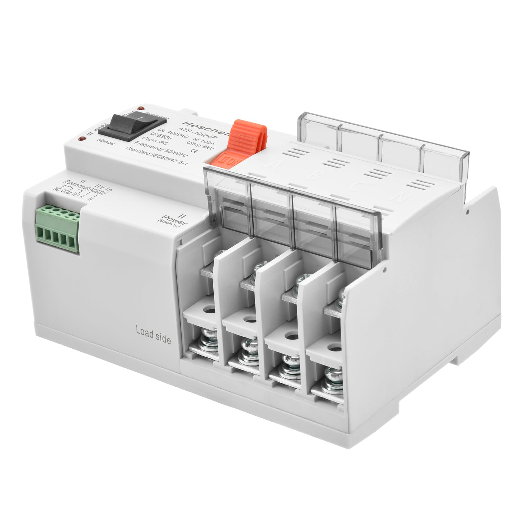 Heschen ATS Doppelstrom-Automatikumschalter, ATS-100 4P 100A, 400 VAC, 8kV, PC-Klasse, automatisch/manuell, für die Umschaltung von Stromkreisen