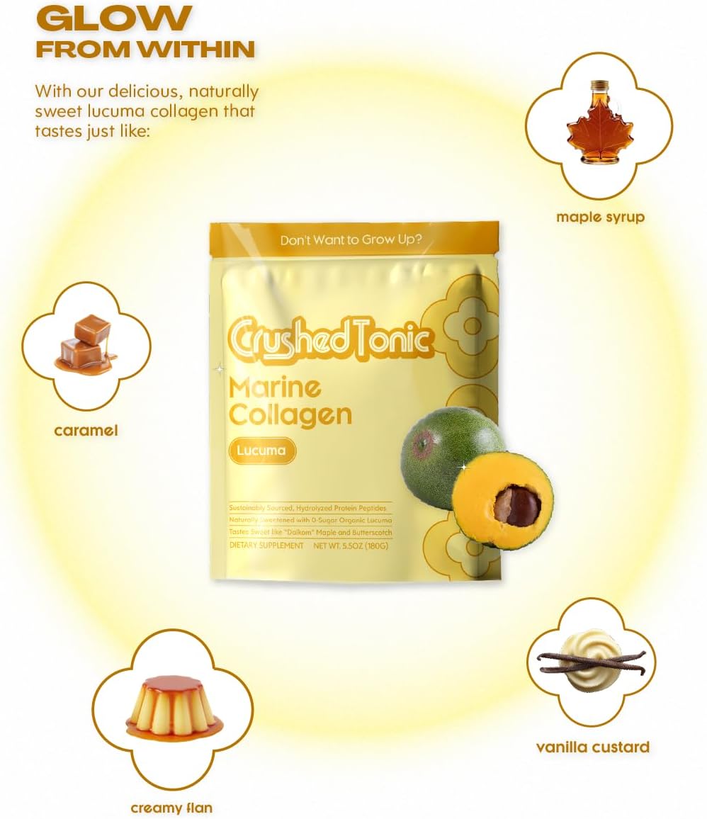 Crushed Tonic Korean Beauty Collagen Powder | Hydrolyzed Marine Collagen Peptides for Skin Glow, Hair & Nails | K-Beauty Drink | Gluten-Free, Halal & Kosher (Lucuma, 30 Servings (150 g), Pouch)