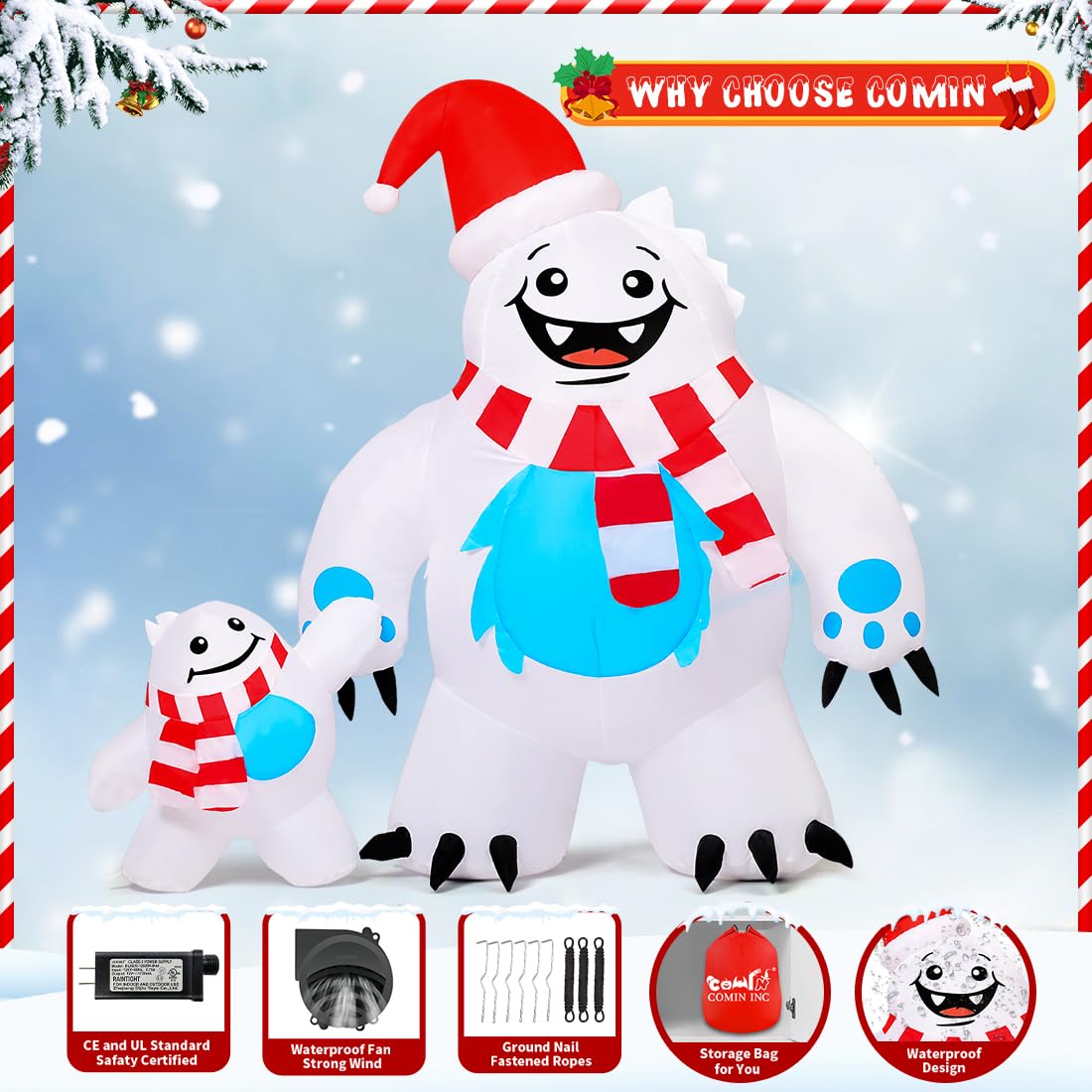 COMIN Bonhomme de neige gonflable de Noël avec une boîte, décoration de cour gonflable avec lumières LED intégrées pour les vacances, les fêtes, Noël, la cour, le jardin