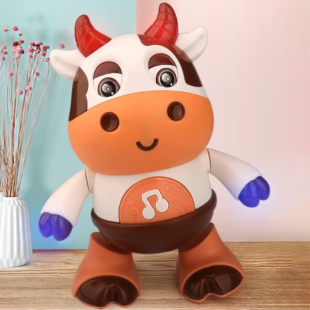 Electric Dancing Cow Light up Musical Cow Plastic Dancing Toys Baby Animal Sounds Toys Toddler Sensory Educational Interactive Swinging Calf 3 AA Battery Operated, Age 1-3 Years