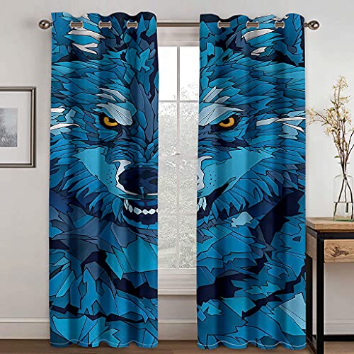 SHATOS Cortinas Cocina Ventana Opacas 2 Piezas Modernas 200X214cm 3D Lobo Azul De Dibujos Animados Cortinas Opacas Termicas Aislantes Frio Y Calor con Ojales Cortinas Salon Modernas Dormitorio Juveni