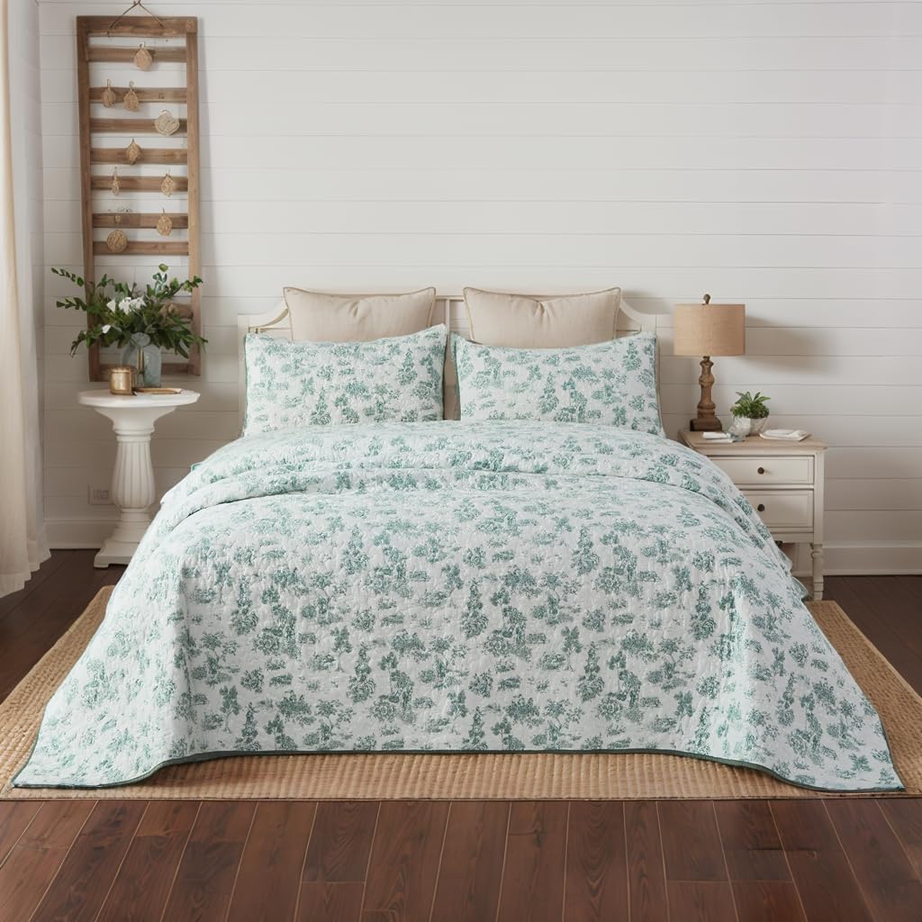 Brandream Queen Size Quilt Set Cotton Green Toile Bedding Vintage Floral Quilt Set 3-Piece - Image 9