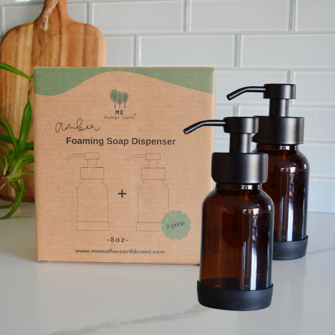 ME MOTHER EARTH Amber Glass Foaming Soap Dispenser, Refillable Foaming Pump Bottle for Bathroom & Kitchen, Modern Hand Soap Dispenser for Liquid &