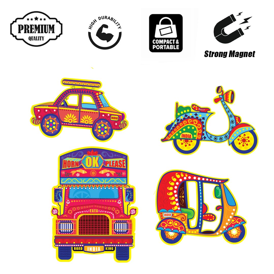 (Set of 4) Fridge Magnets Indian Vehicle Classic Taxi, Trucks, Scooter & Auto Rickshaws - Vibrant Magnets for Kids & Adults Unique Collectable Souvenir Gift & Home Decor 2