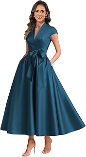 Satin Mother of The Bride Dresses Tea Length A Line Evening Gown with Pockets Formal Wedding Guest Dress