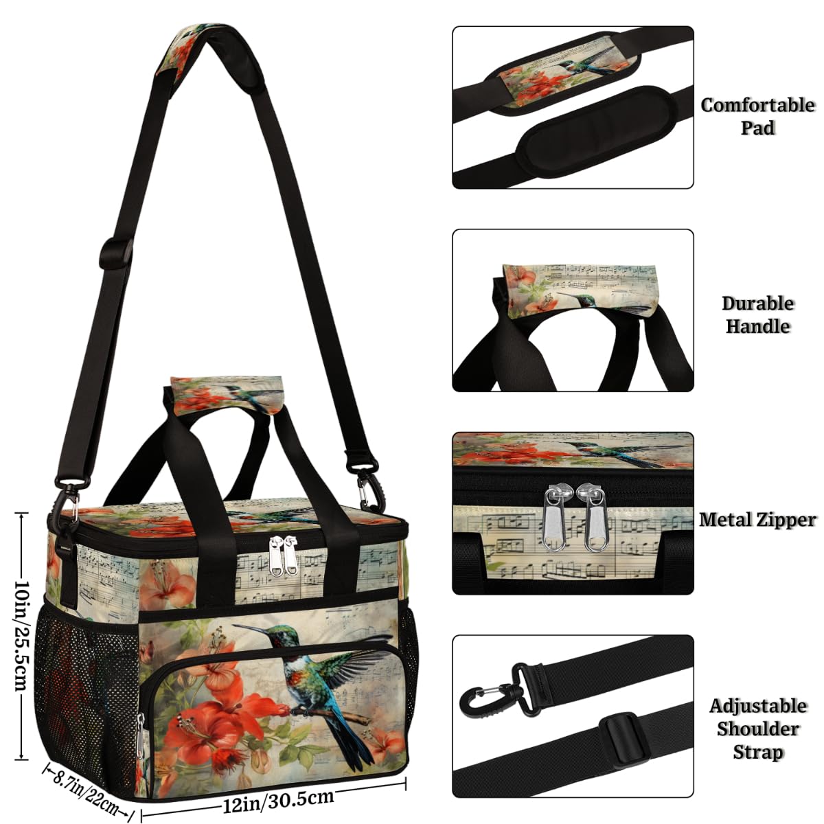 Bird Red Flowers Insulated Picnic Backpack Lunch Box for Women Men Picnic Basket Tote Lunch Bag Picnic Bag Portable Lunch Bags for Picnic, Beach, Work, Trip,Office, Camp Hummingbird