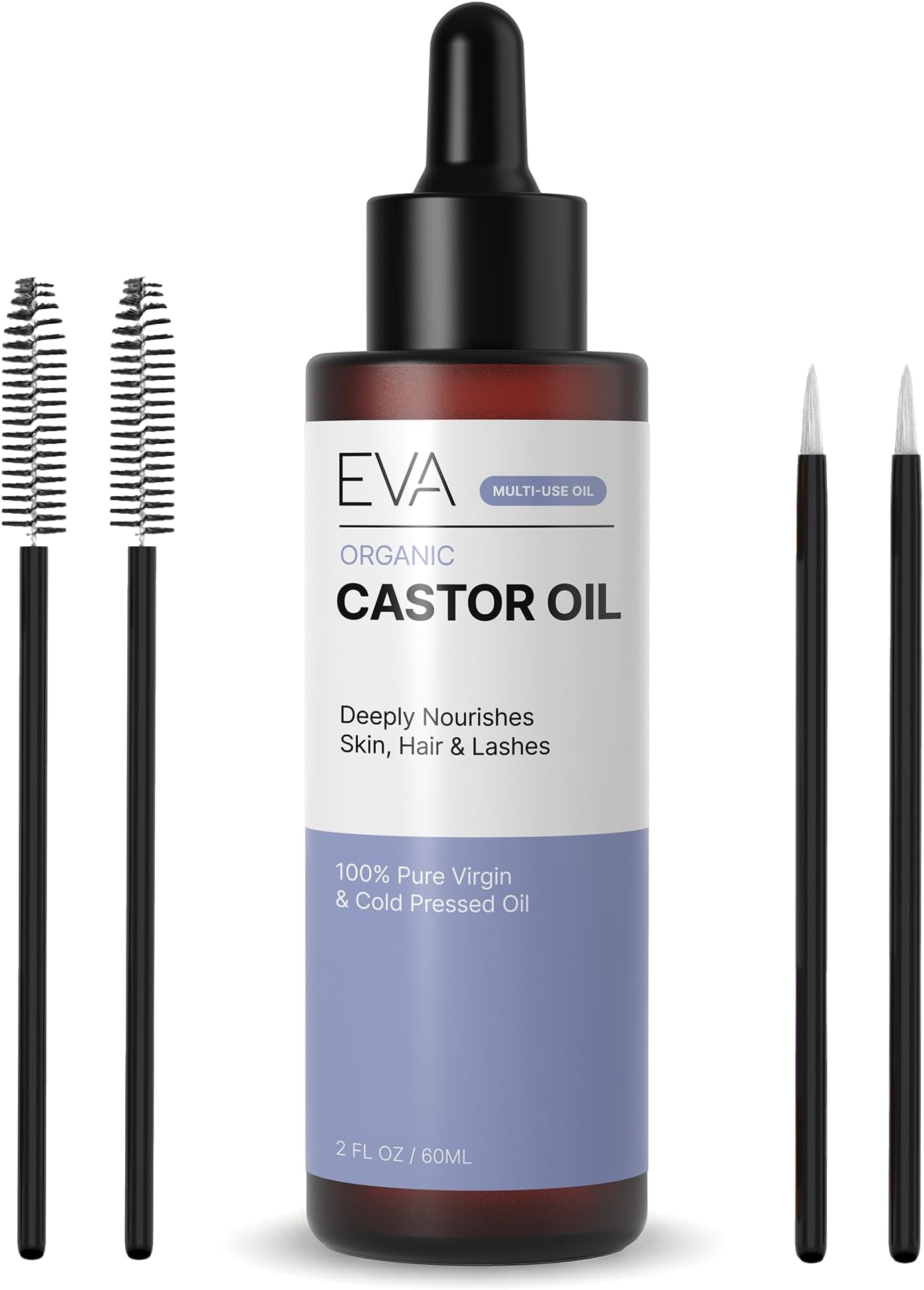 Eva Naturals Organic Castor Oil for Eyelashes, Eyebrows & Hair Growth - Cold Pressed Hexane Free - 100% Pure Oil for Skin Nails Lashes - Nourishes & Strengthens - Includes Mascara Kit & Brushes, 60ml
