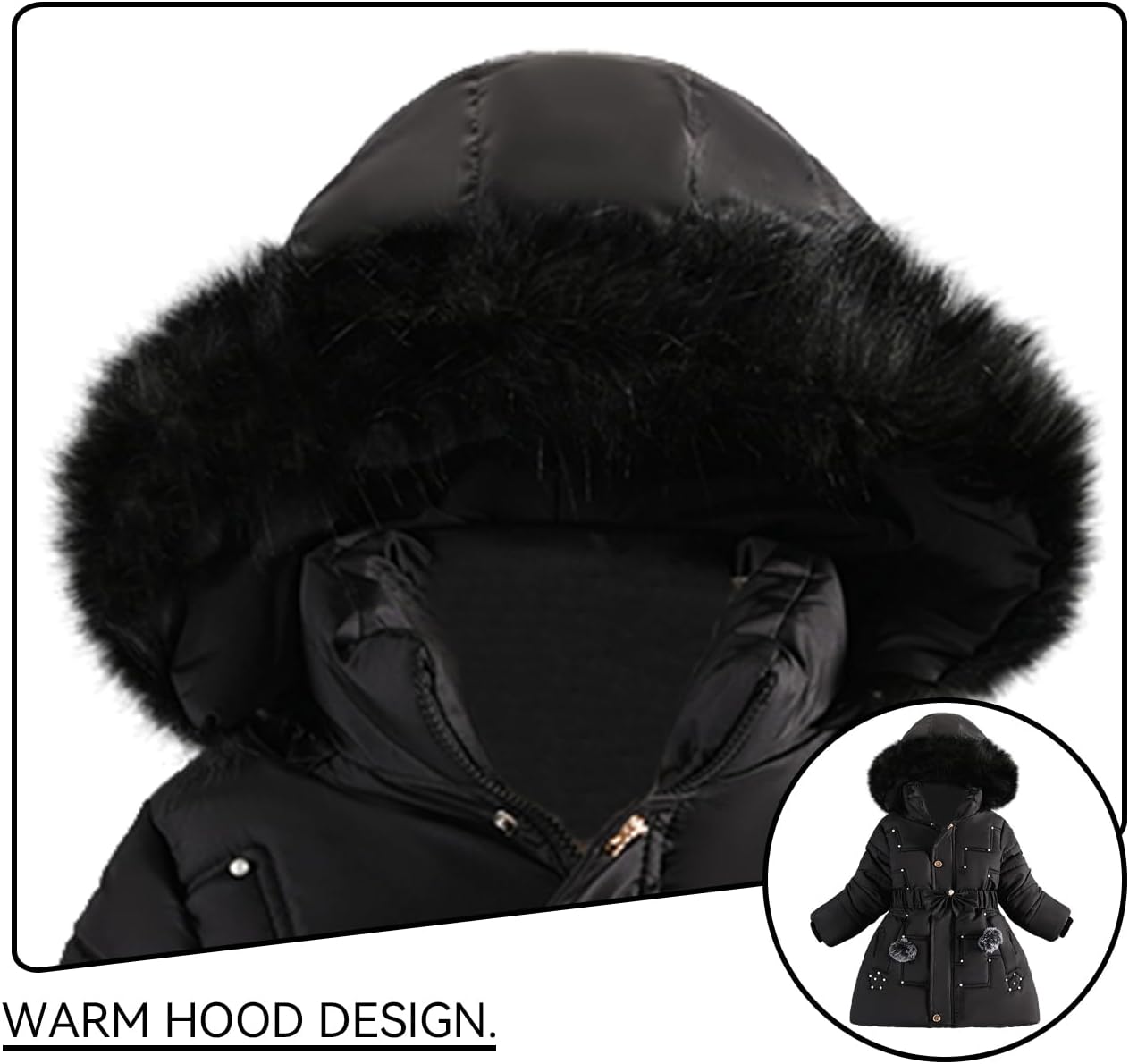 Girls Winter Dress Coats Faux Fur Hooded Fleece Jackets Waterproof Parka Outwear - Image 3