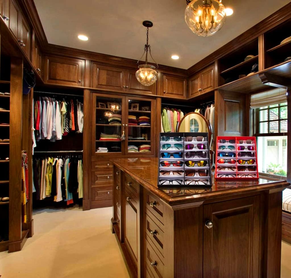 12 Slot Polyester Silk Lining Sunglasses Display Case with Stand Function (Red 1pack)