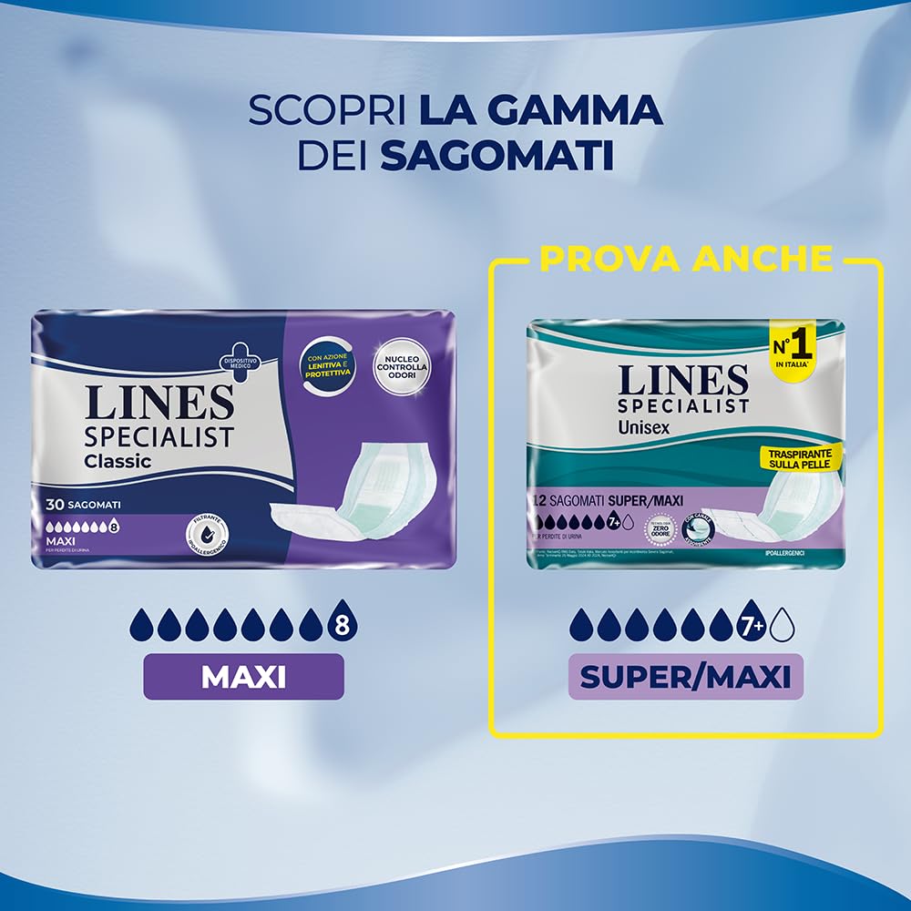 Lines Specialist Classic, Pannoloni Sagomati Assorbenti per Incontinenza Donna e Uomo, elevata Assorbenza, 4 Confezioni da 30 Unità