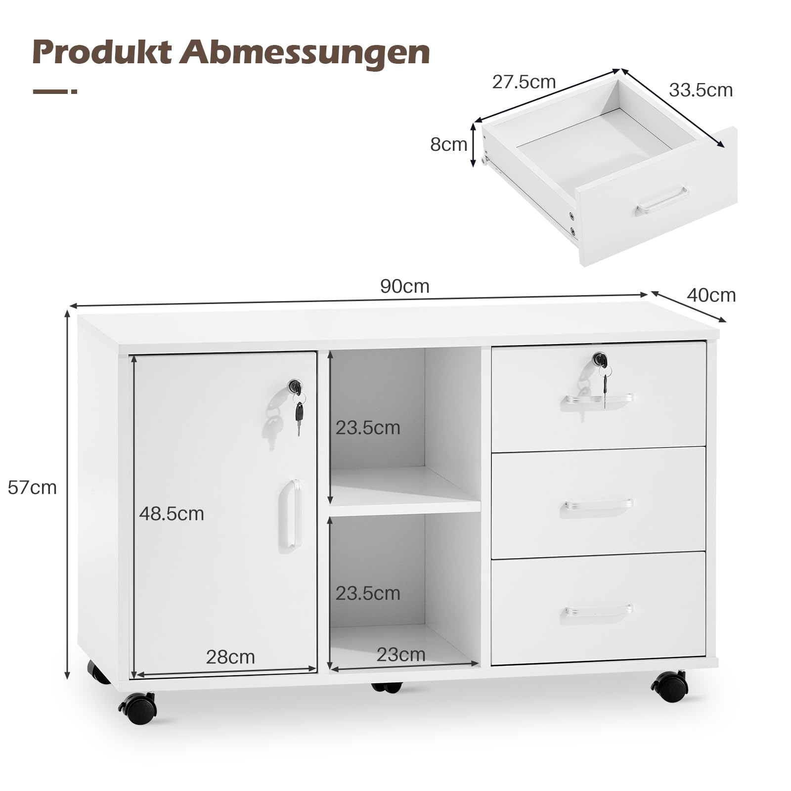 TUKAILAI Rollcontainer Abschließbar mit 3 Schubladen, Lagerung Fach und Offene Regale, Aktenschrank, Büroschrank mit Rollen, Dokumente in DIN-A4, Legal, Letter-Format, Büromöbel, Weiß