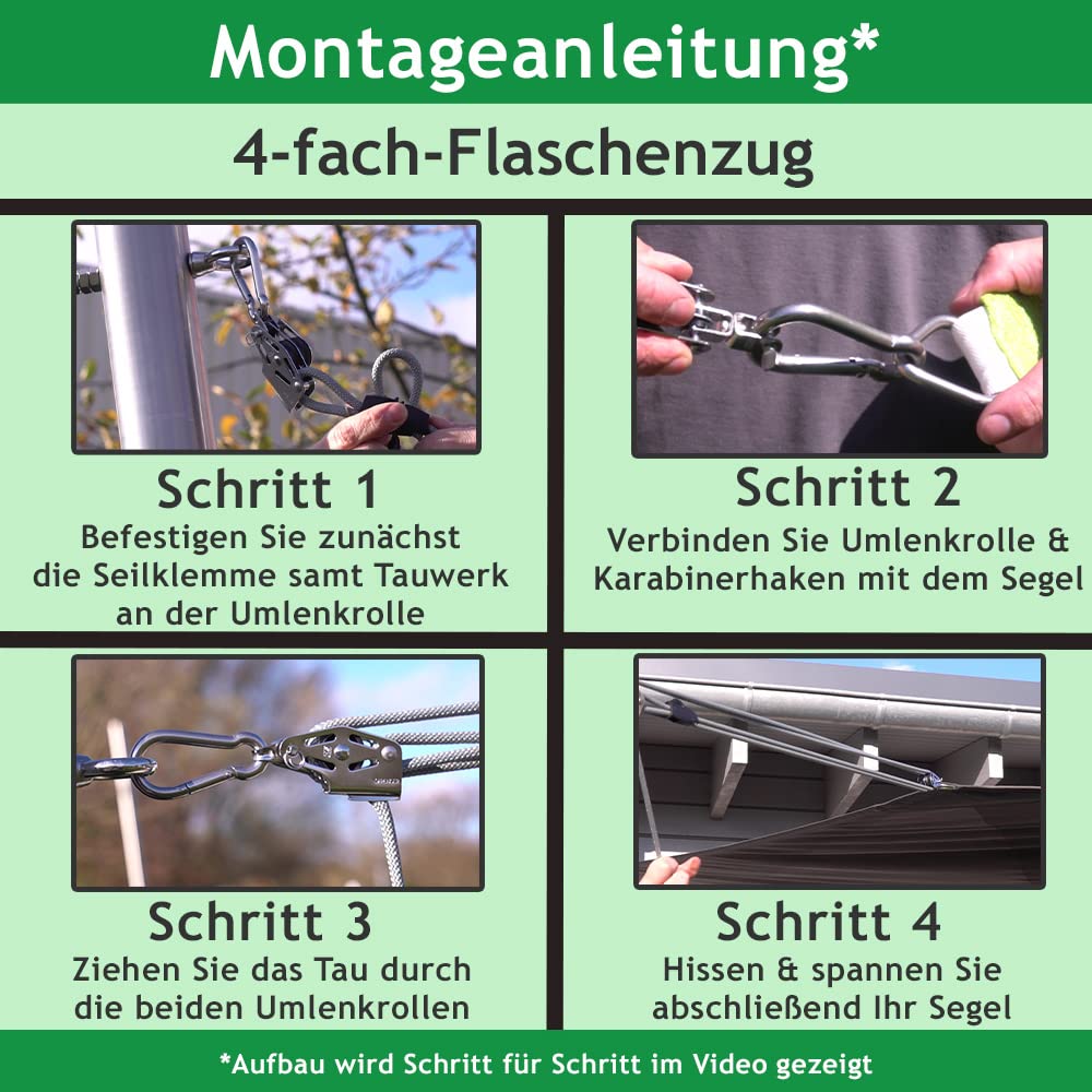 Sonnensegel 4-Fach Flaschenzug Set - mastseitig, für Sonnensegelpfosten/Profi Spannsystem zum Spannen & Befestigen/Robustes Seilzugsystem mit integrierter Klemme