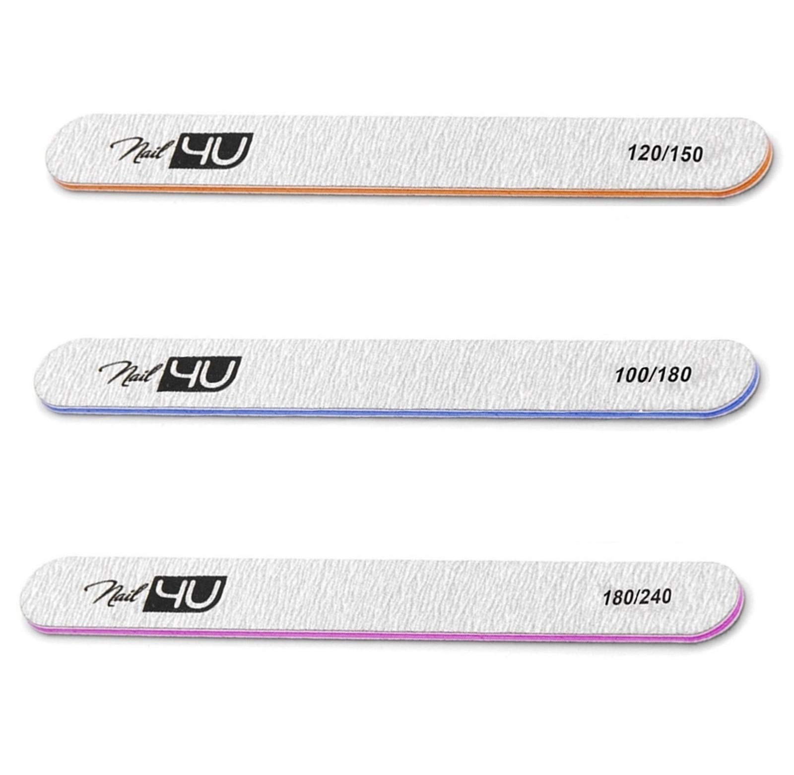 Set of 3 Straight Nail Files Professional Emery Boards for False Nails Acrylic Gel Tips Manicure tools by Nail4U Double sided Nail File Different Gradation 120/150 100/180 180/240