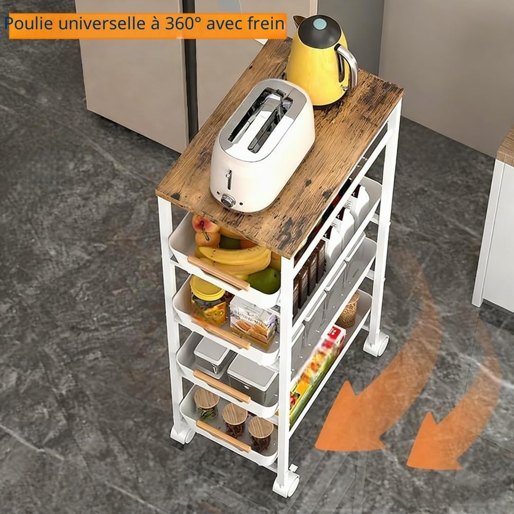 Chariot Utilitaire Roulant à 5 Niveaux avec Dessus et tiroirs en Bois, Organisateur de Rangement à Cadre en métal avec roulettes pour Cuisine, Salle de Bain, Salon, Bureau