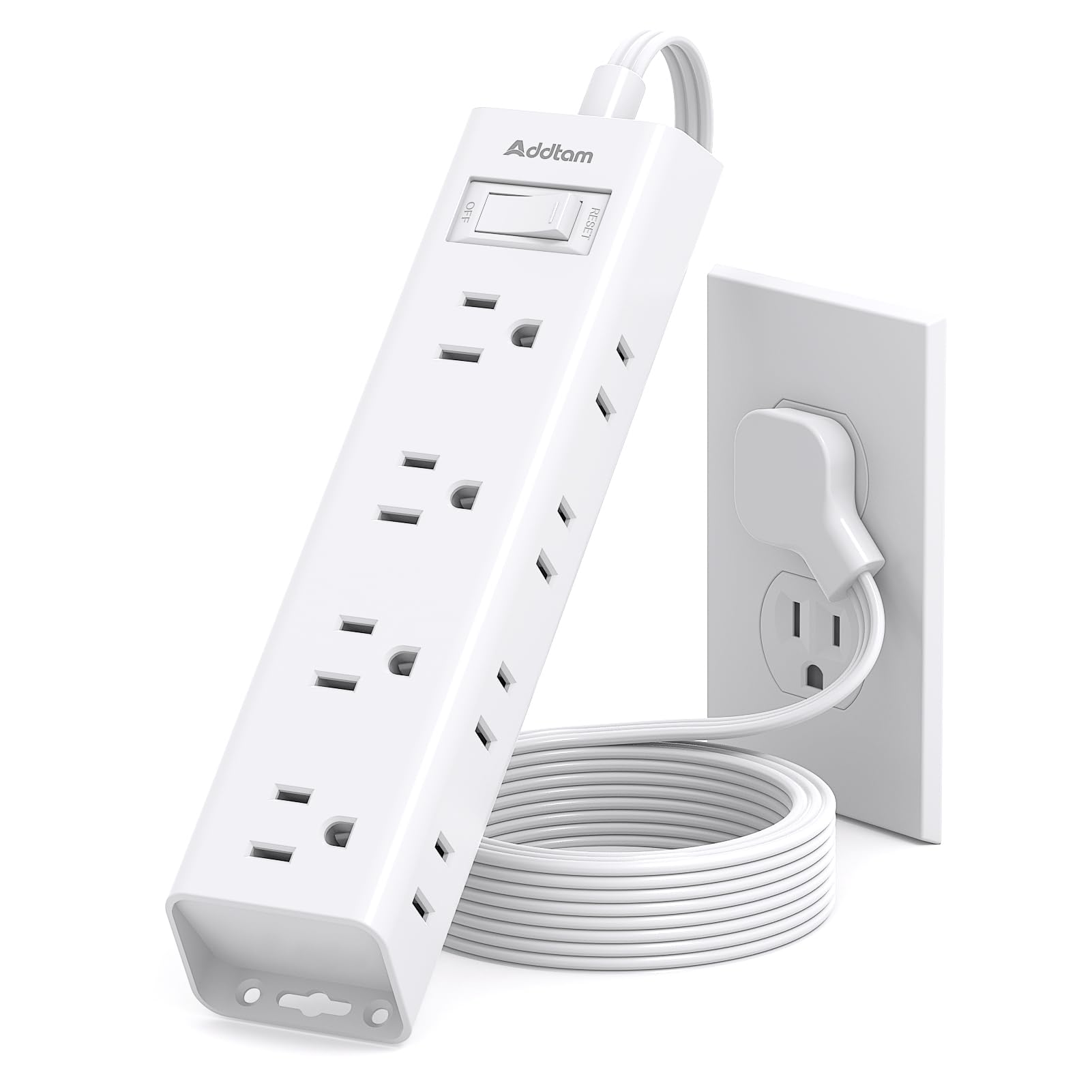 Addtam Flat Plug Extension Cord 20FT, Power Strip Surge Protector with 12 Outlets, 3-Side Wide Spaced Outlet Extender, Wall Mount Desk Charging Station for Home Office Garage Workshop, White White 20 Ft