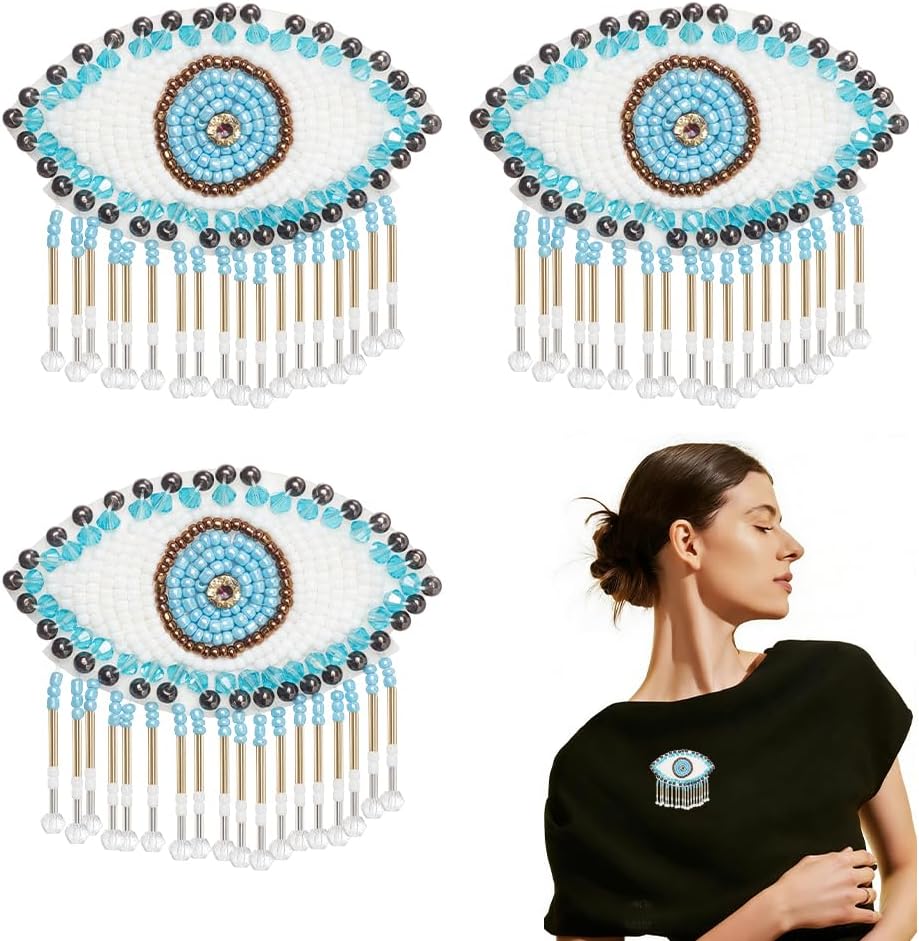 NBEADS 3 Pcs Eye Beaded Patches for Clothes, 3x2.9inch Glass Beaded Tassel Badge Evil Eye Appliques Sequined Patches with Brooch Pin for Sewing Bags Jacket Skirt Costume Gown