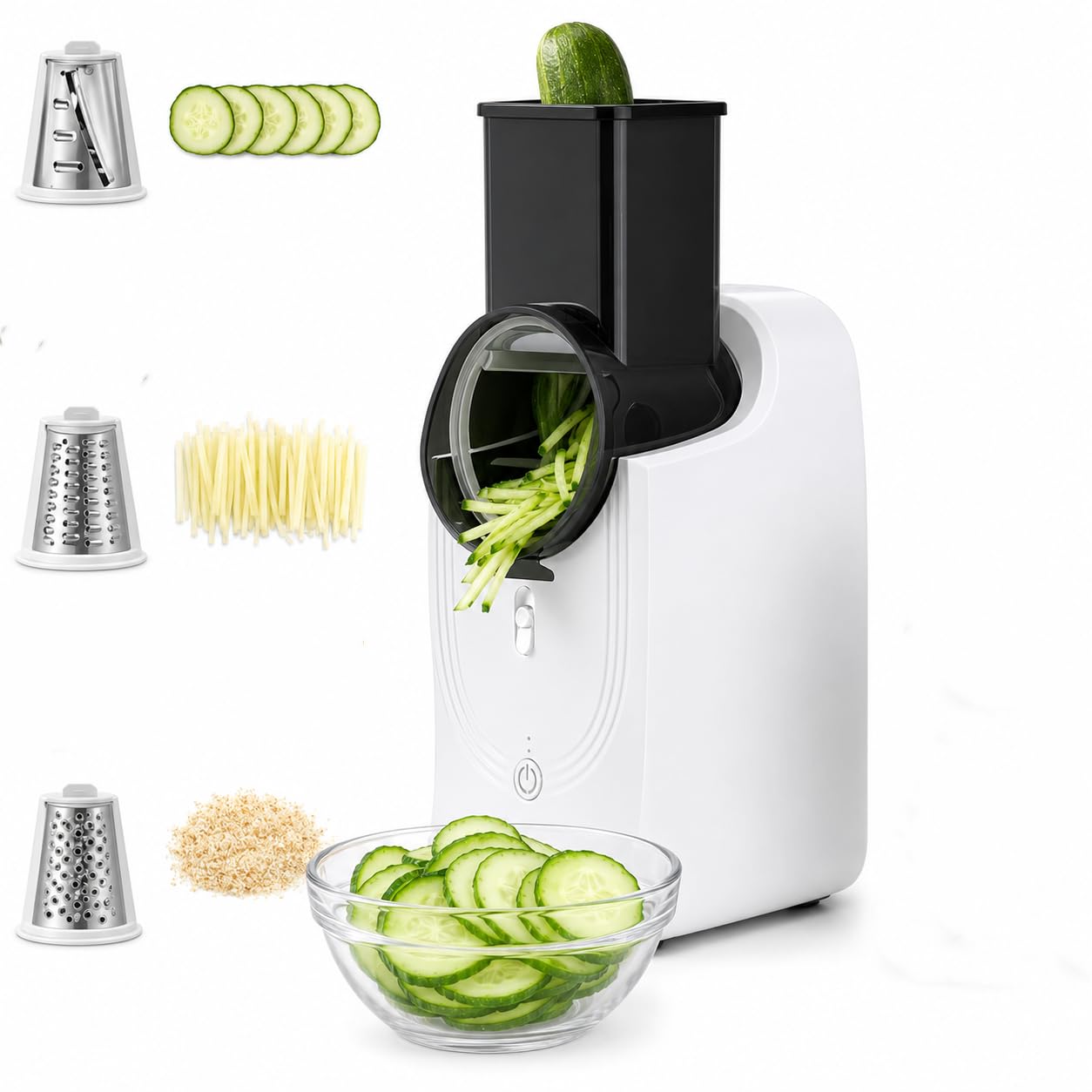 Rallador eléctrico de queso 3 en 1, cortador eléctrico de verduras y rallador, máquina de ensalada con 3 formas diferentes de cuchillas y base de succión fuerte, mini trituradora eléctrica de verduras