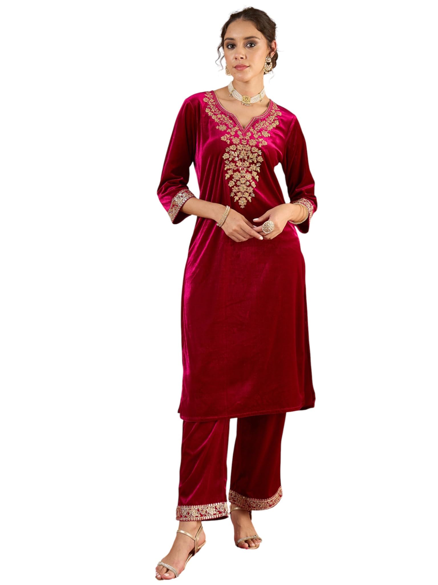 shae by sassafras Women Velvet Embroidered Kurta With Straight Pants-picture-22