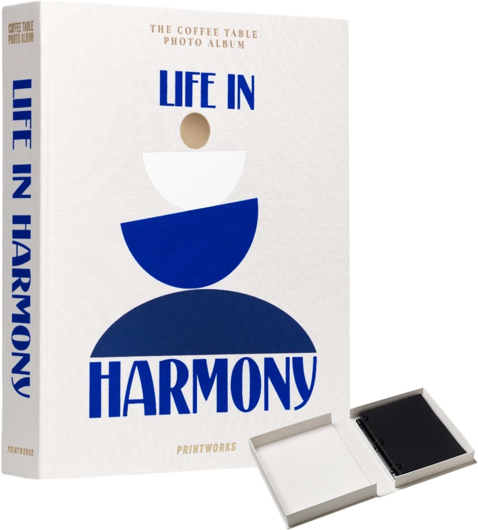 Printworks Life in Harmony – Elegant Beige & Blue Coffee Table Photo Book – Large Picture Album with 30 Pages, Writing Space & Expandable Design – Fits 4x6 Photos