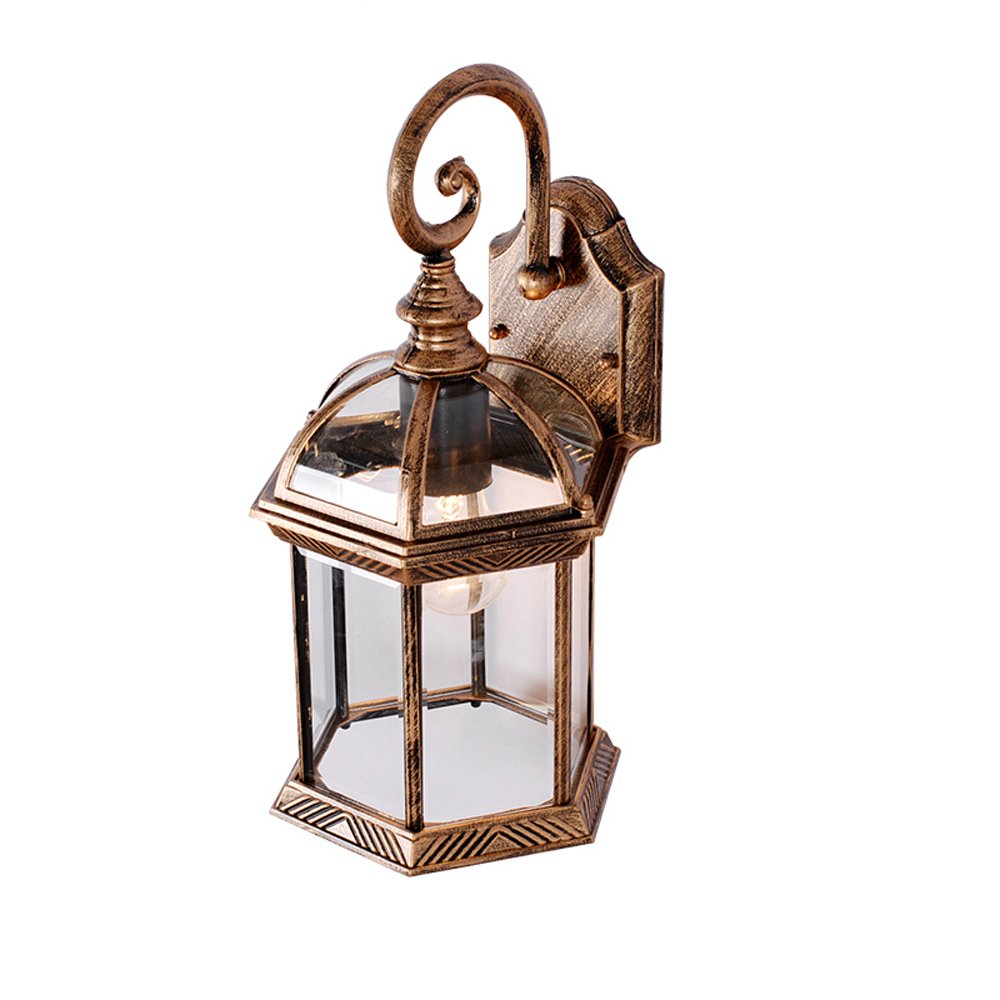 VDOQTLJT Traditional Outdoor Security IP55 Rated Wall Light Lantern Waterproof Sconce for Balcony Garden Terrace Door Outside Lamp Transparent Glass Lampshade(Brass)