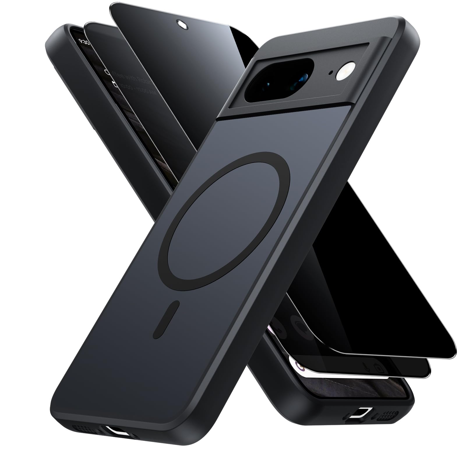 Magnetic for Google Pixel 7a Case with 2* Privacy Screen Protector, [Compatible with Magsafe] Translucent Matte Back Shockproof Anti-Fingerprint Phone Case for Pixel 7a Cover 6.1-Inch, Black